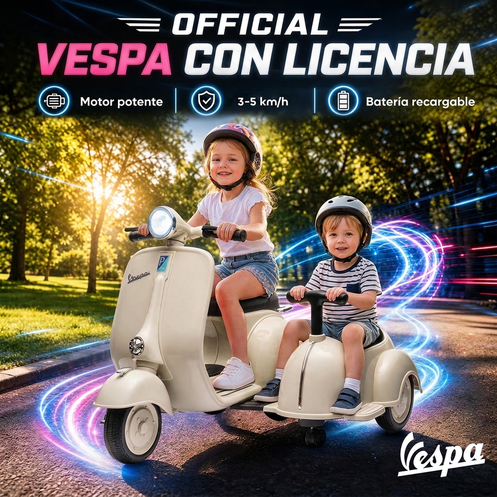 Dos niños felices conducen un scooter Vespa color crema con sidecar en un sendero soleado.
