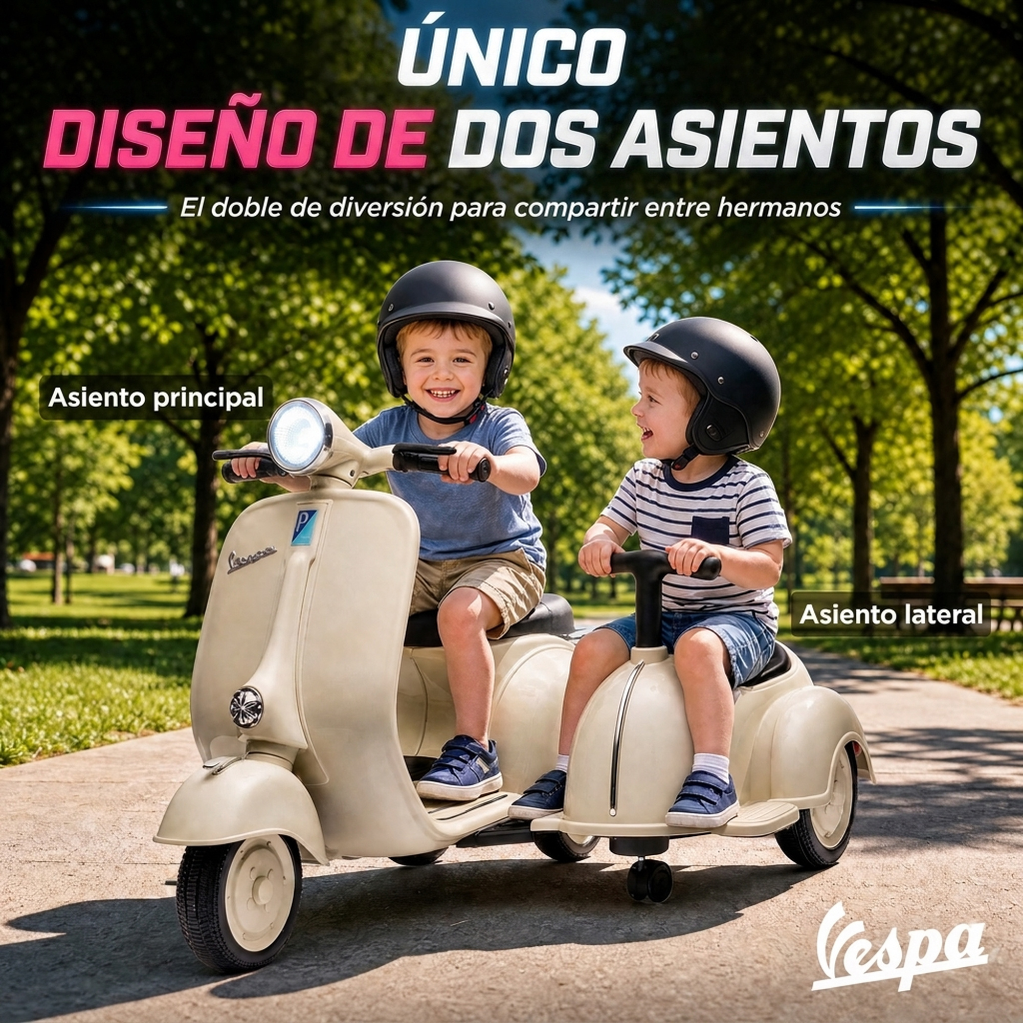 Dos niños pequeños con cascos montan en un patinete Vespa de juguete de color crema con sidecar en un parque.