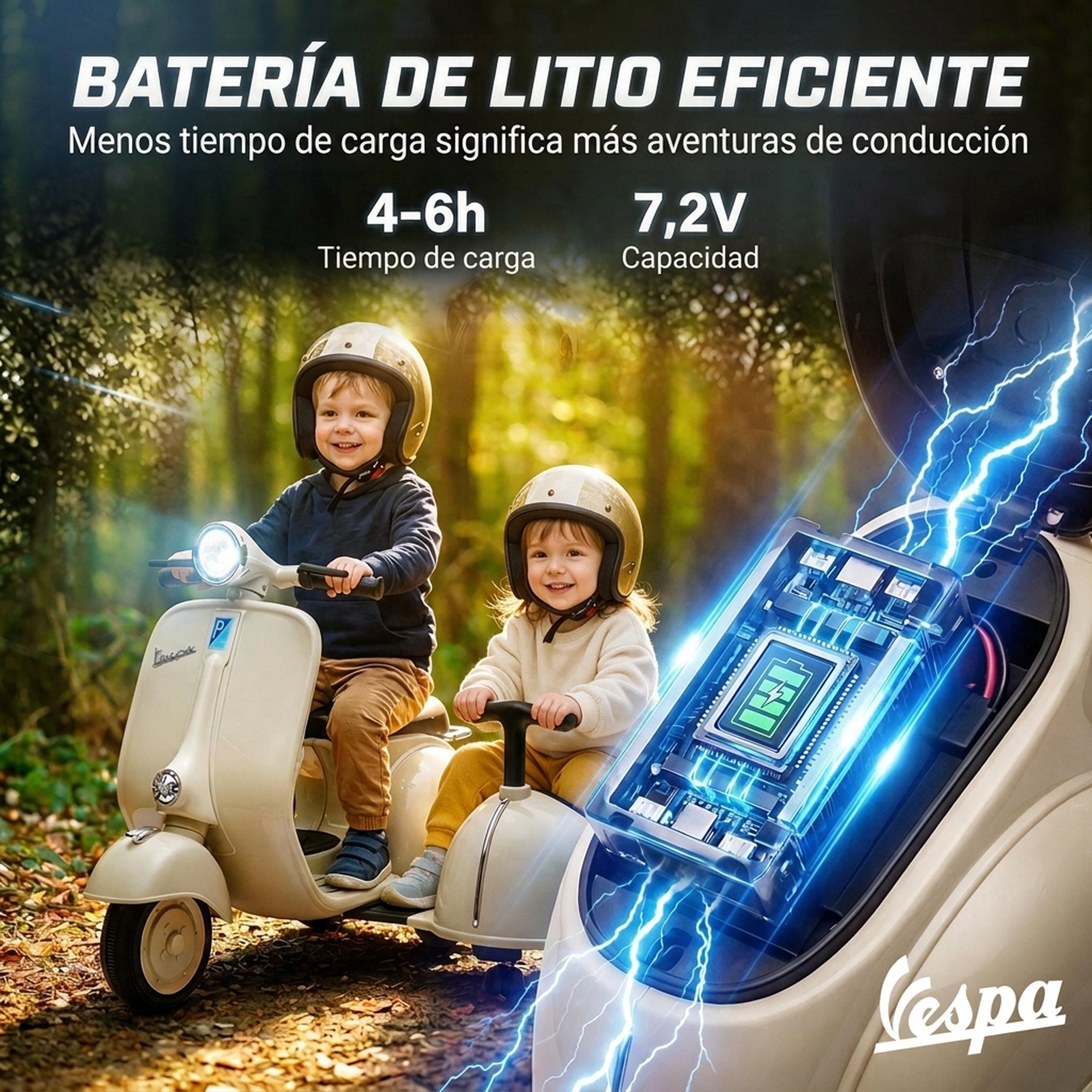 Dos niños pequeños con casco montan en un patinete eléctrico en el bosque, con detalles técnicos de la batería.