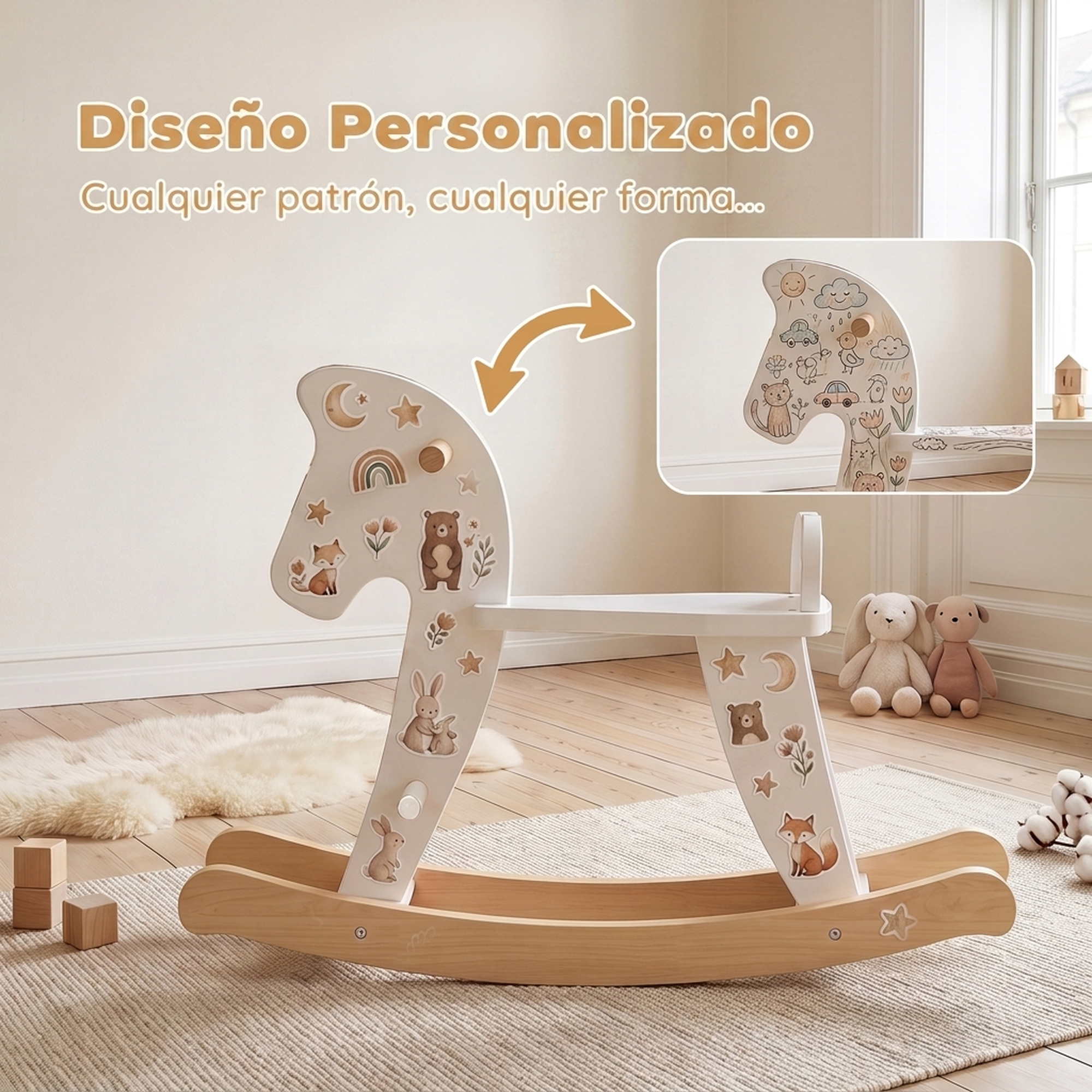 Un caballito balancín de madera con pegatinas de animales en una alfombra en una habitación luminosa.