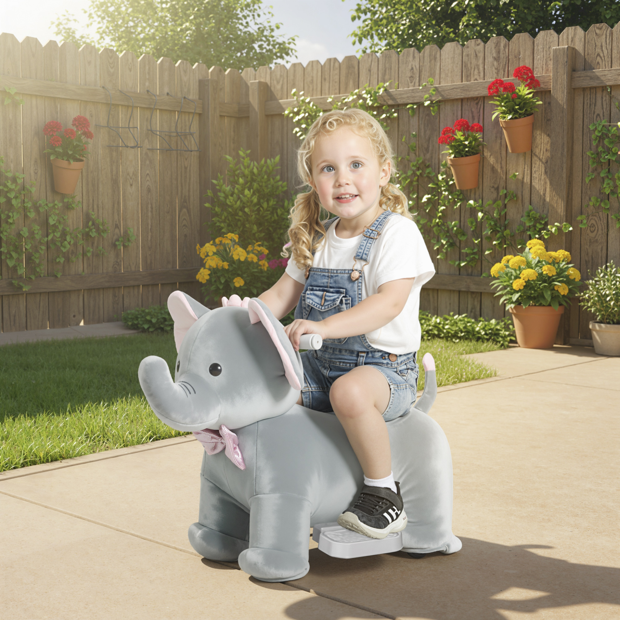 Una niña rubia con peto monta un elefante de peluche en un patio soleado con plantas.