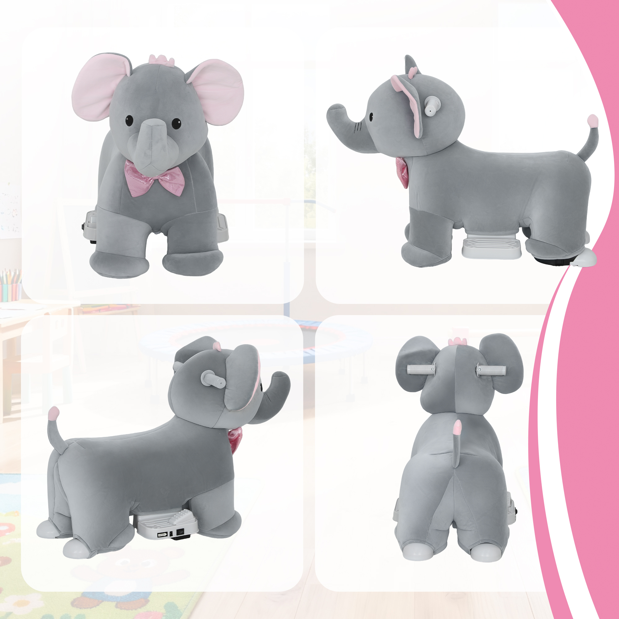 Cuatro vistas de un juguete de peluche gris de elefante con orejas rosas, un lazo y reposapiés.