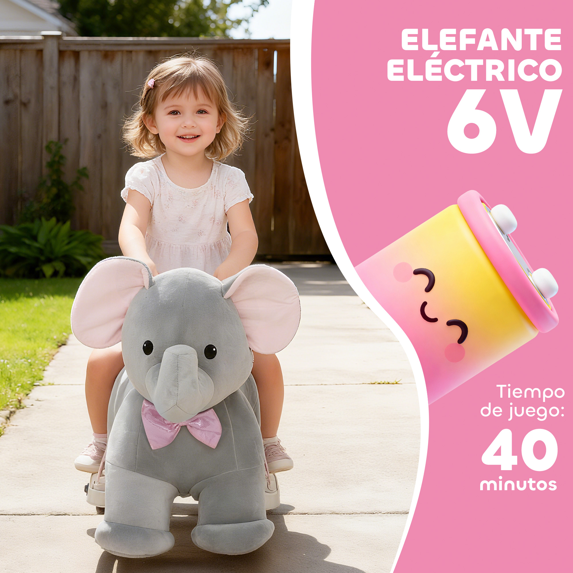 Niña montando feliz en un elefante de peluche al aire libre.