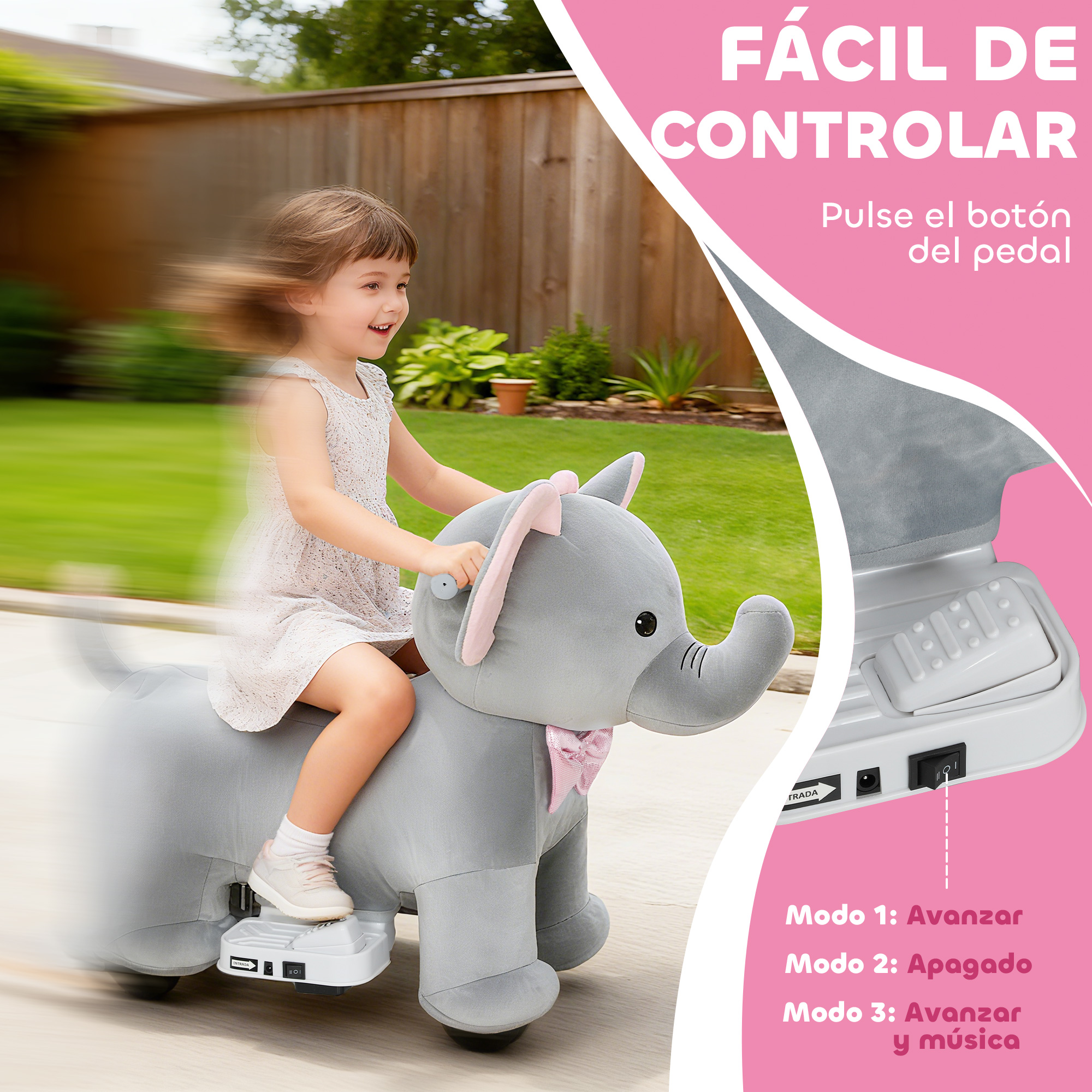 Una niña monta un juguete de peluche de elefante gris con ruedas al aire libre.