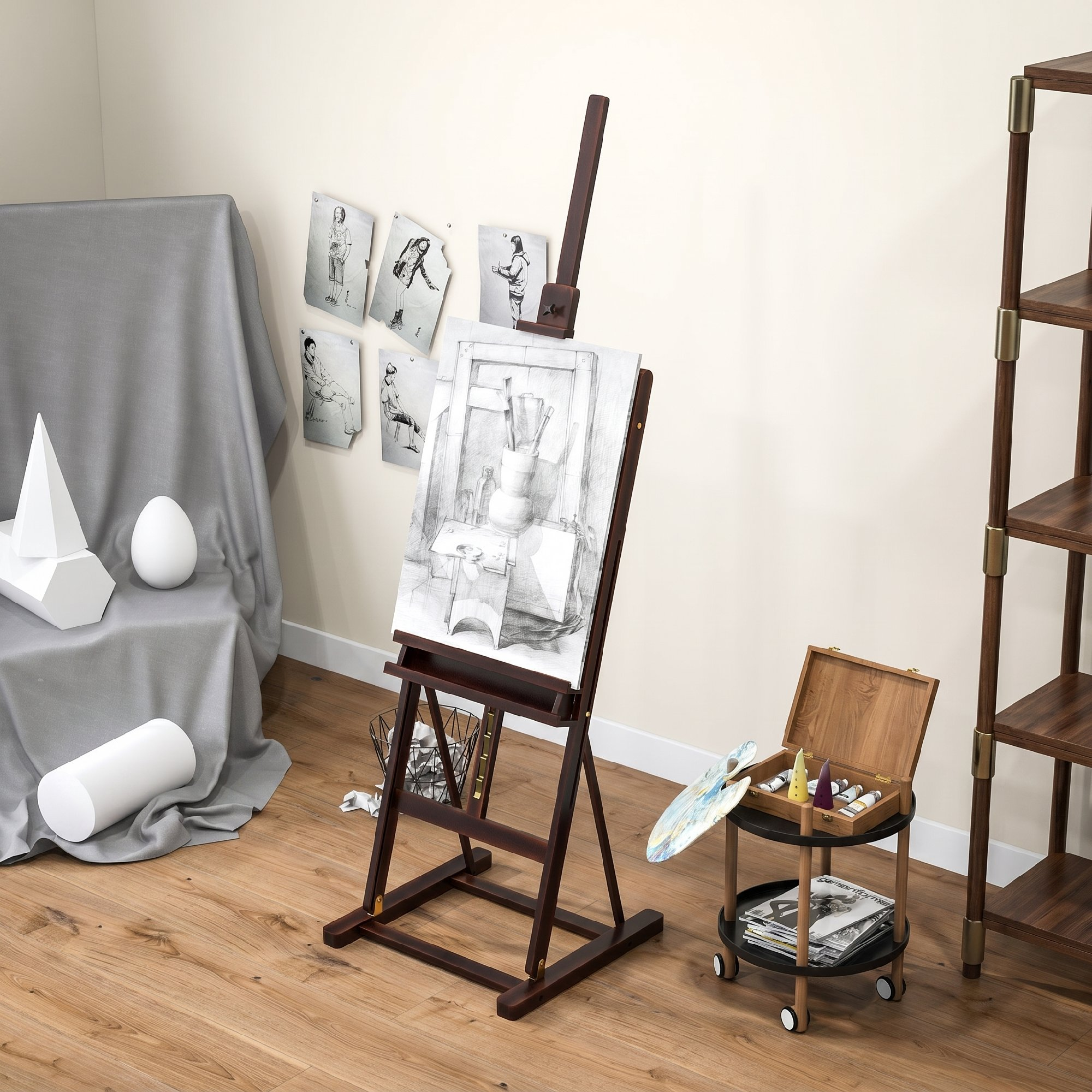 Un caballete de madera con un boceto en una habitación, junto a formas geométricas y una caja de pintura.
