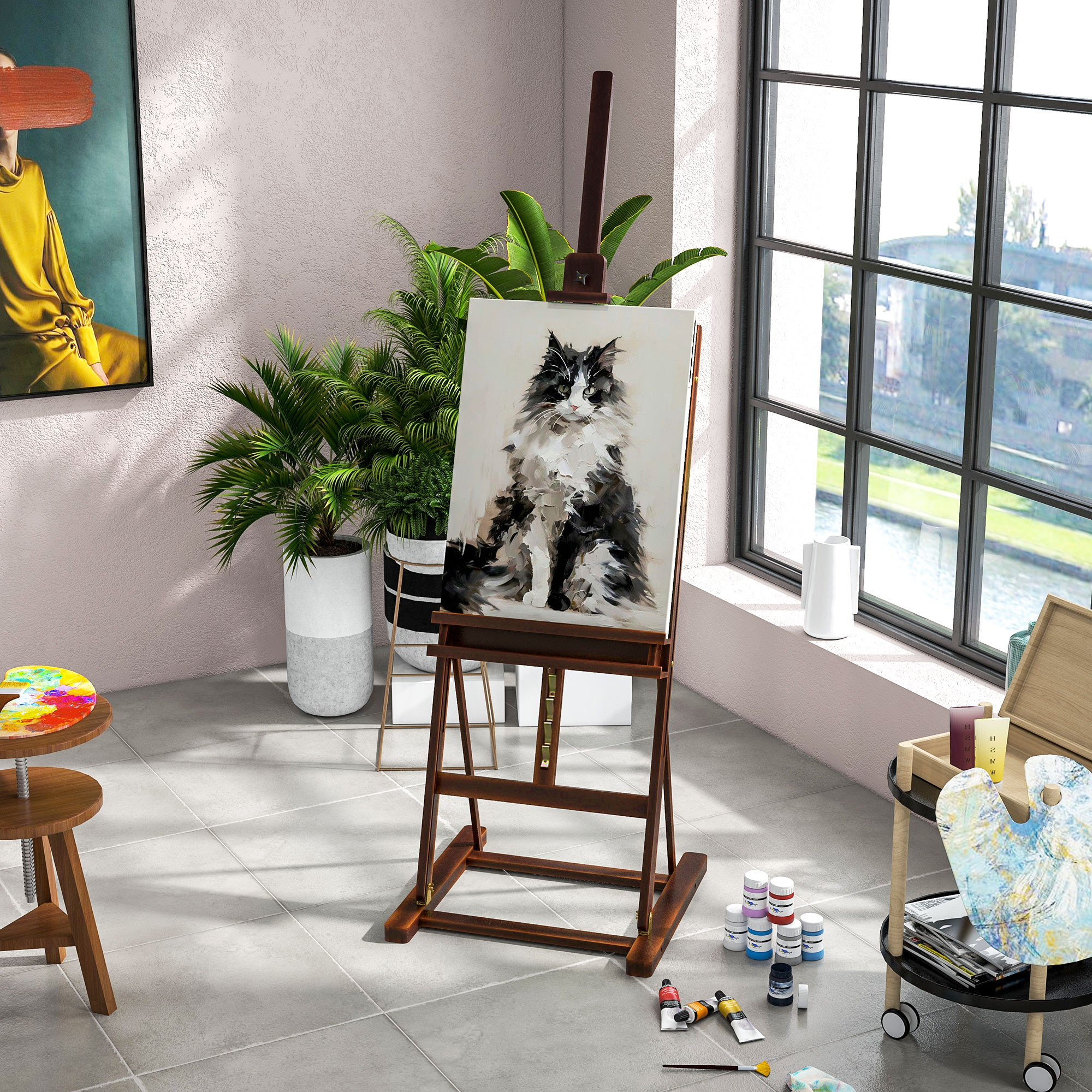 Un caballete con una pintura de gato en un estudio luminoso, rodeado de plantas y grandes ventanales.