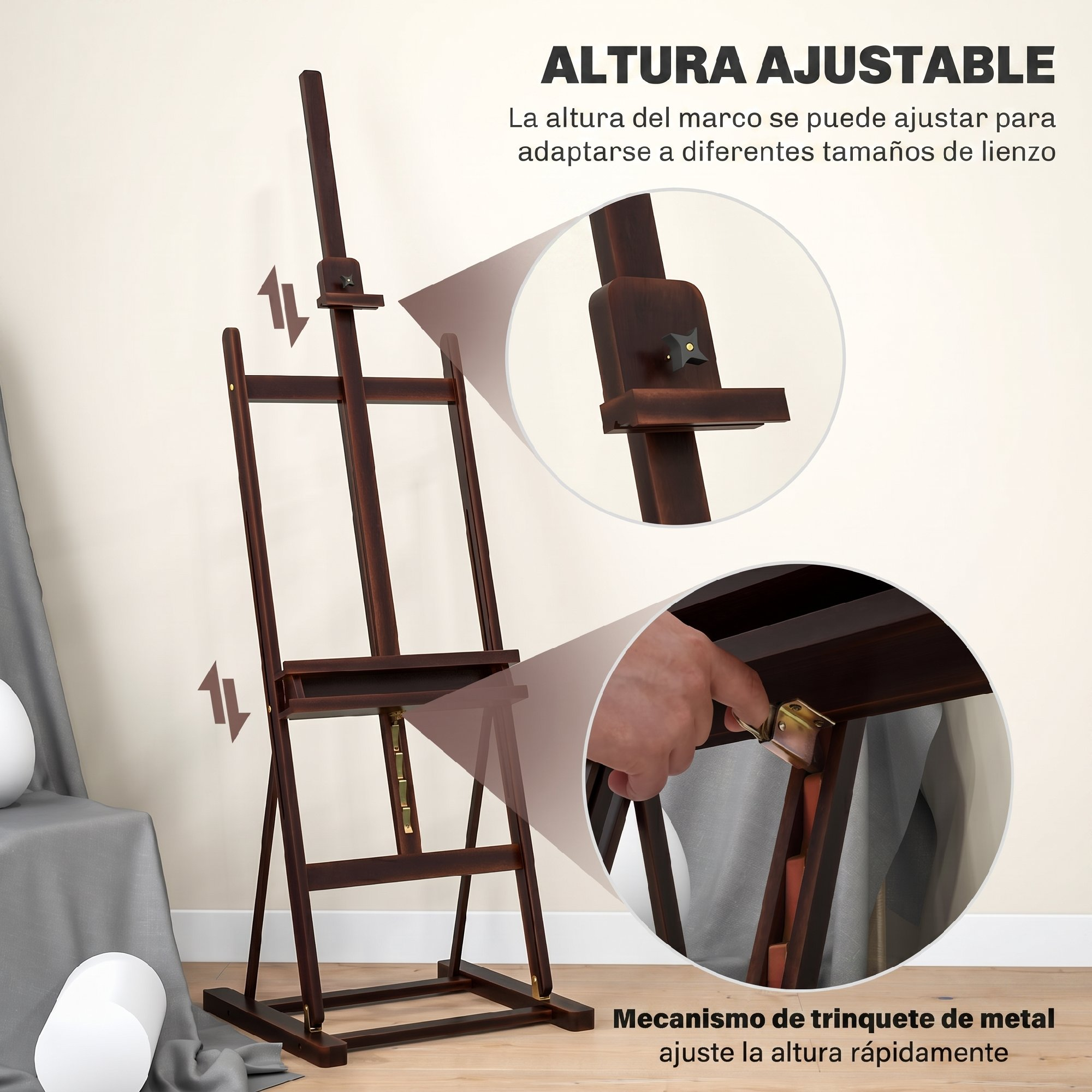 Caballete de madera con altura ajustable y detalles de los mecanismos de ajuste.