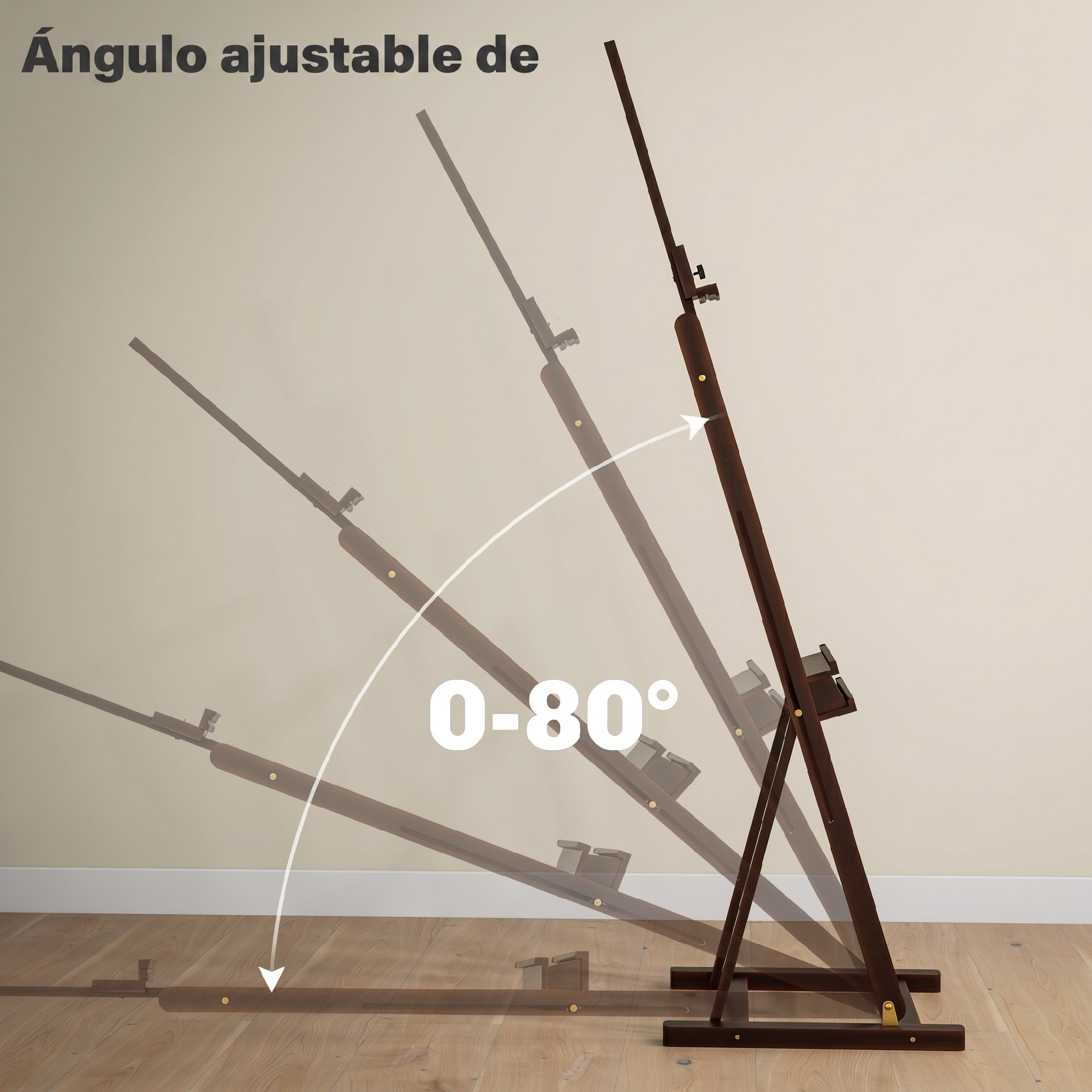 Un caballete de madera muestra ángulos ajustables de 0 a 80 grados.