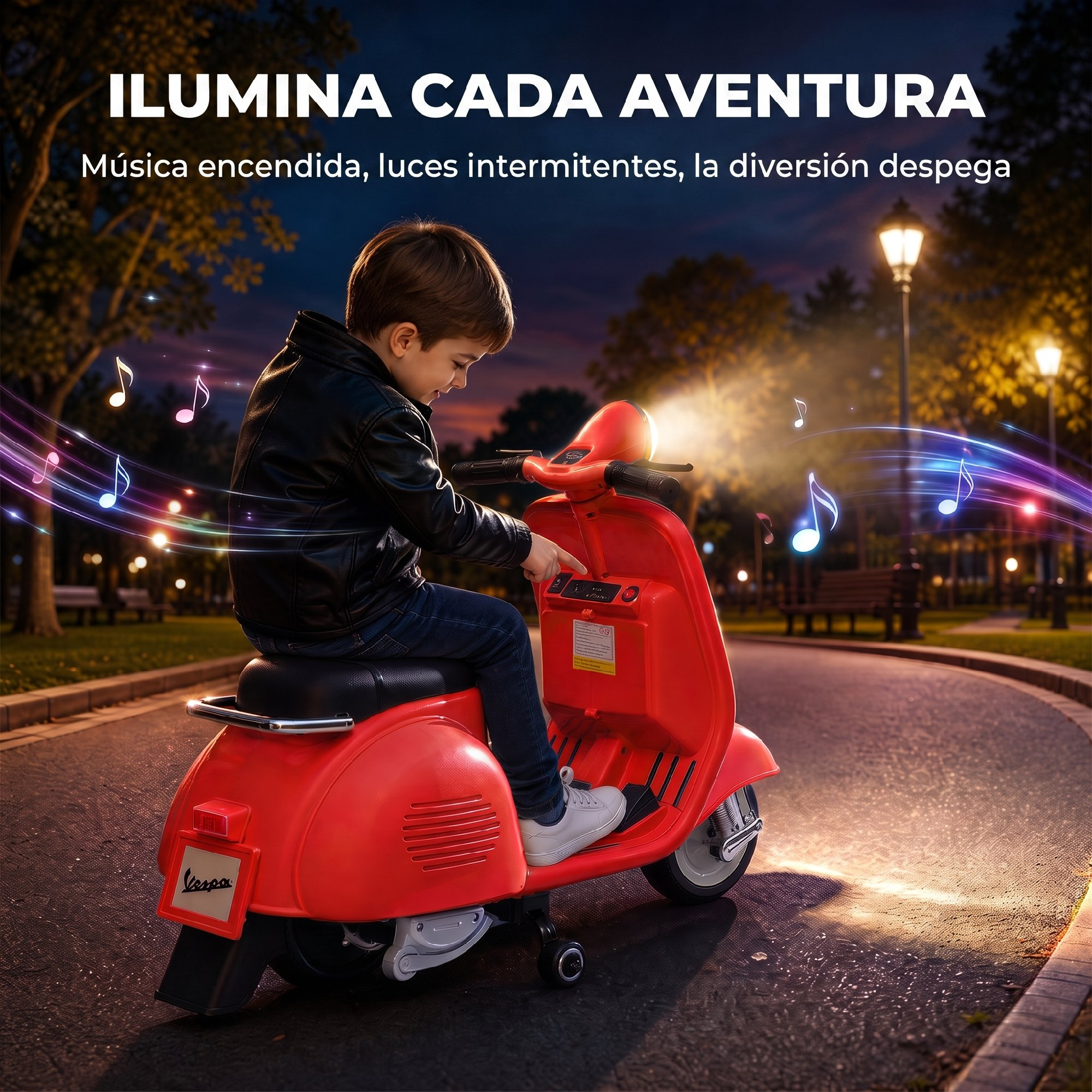 Un niño con chaqueta de cuero monta un patinete rojo de juguete en un parque de noche.