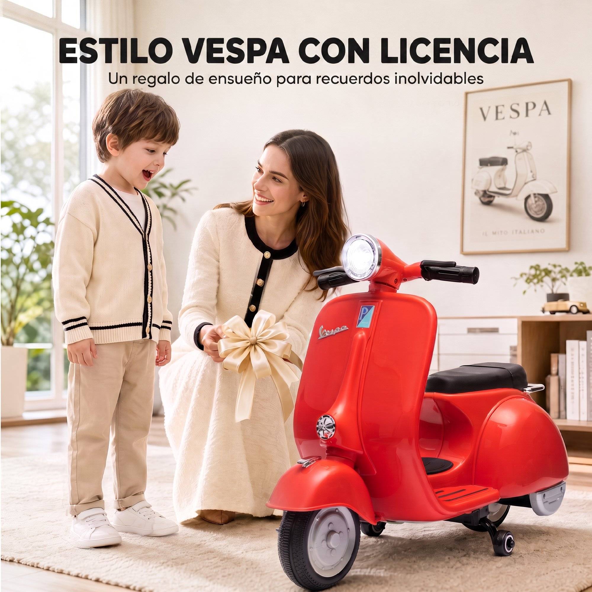 Una mujer le regala un monopatín Vespa rojo de juguete a un niño en una habitación.