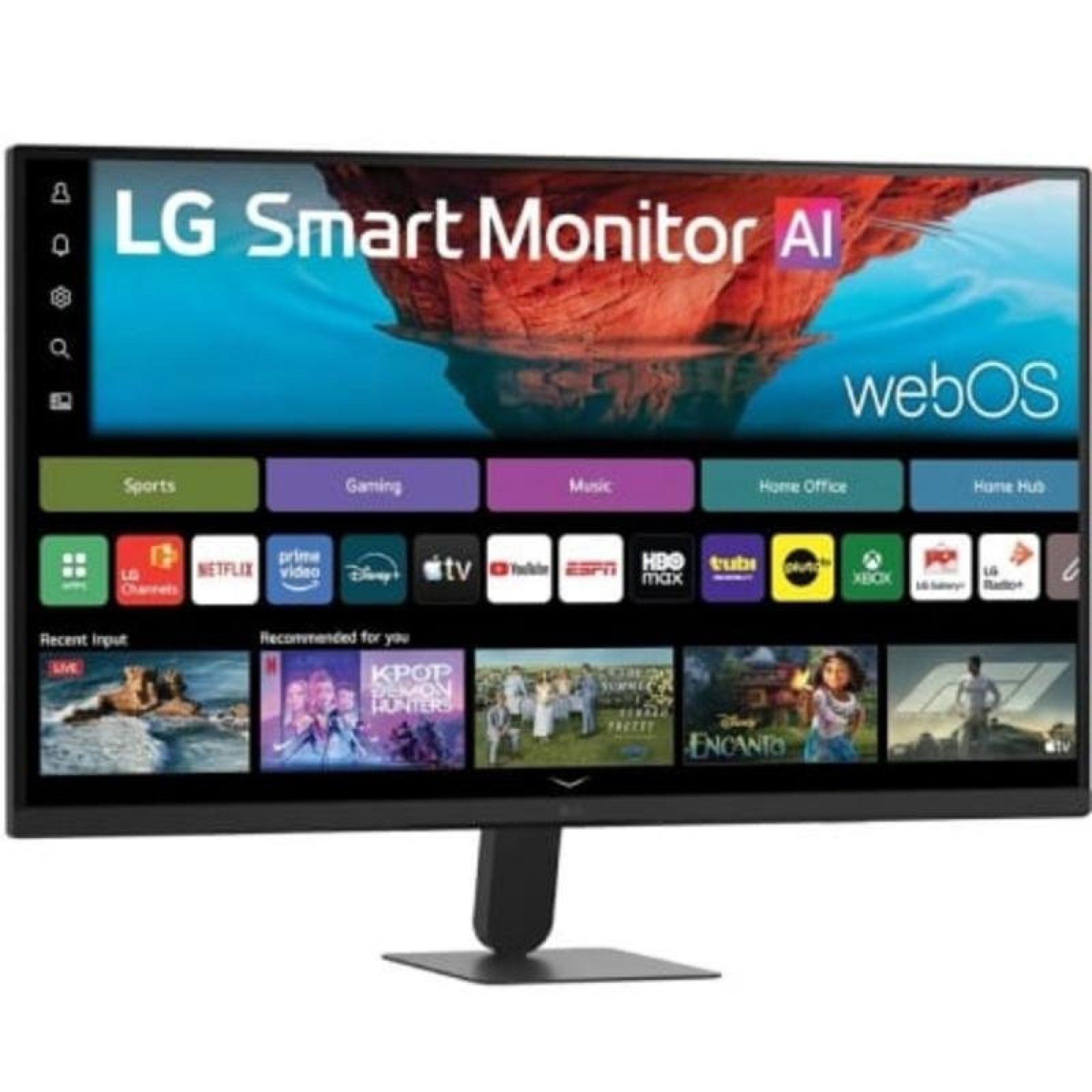 Monitor smart LG che mostra l'interfaccia webOS con icone di app e video.