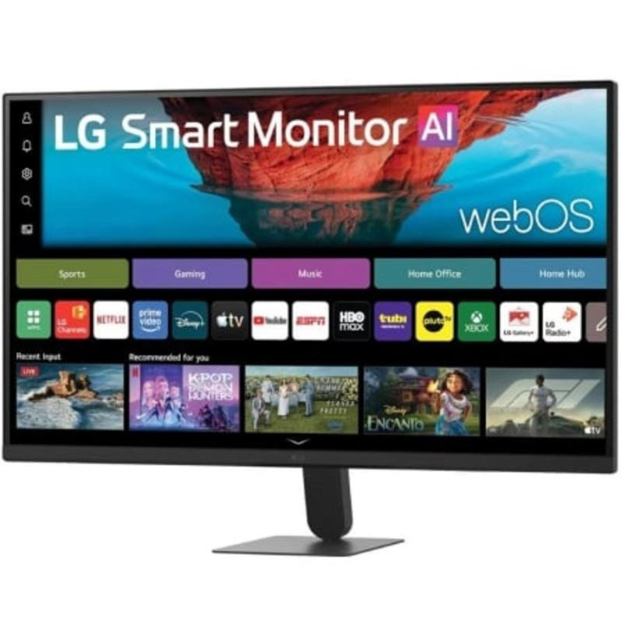 Monitor smart LG che mostra la schermata iniziale di webOS con app e consigli.