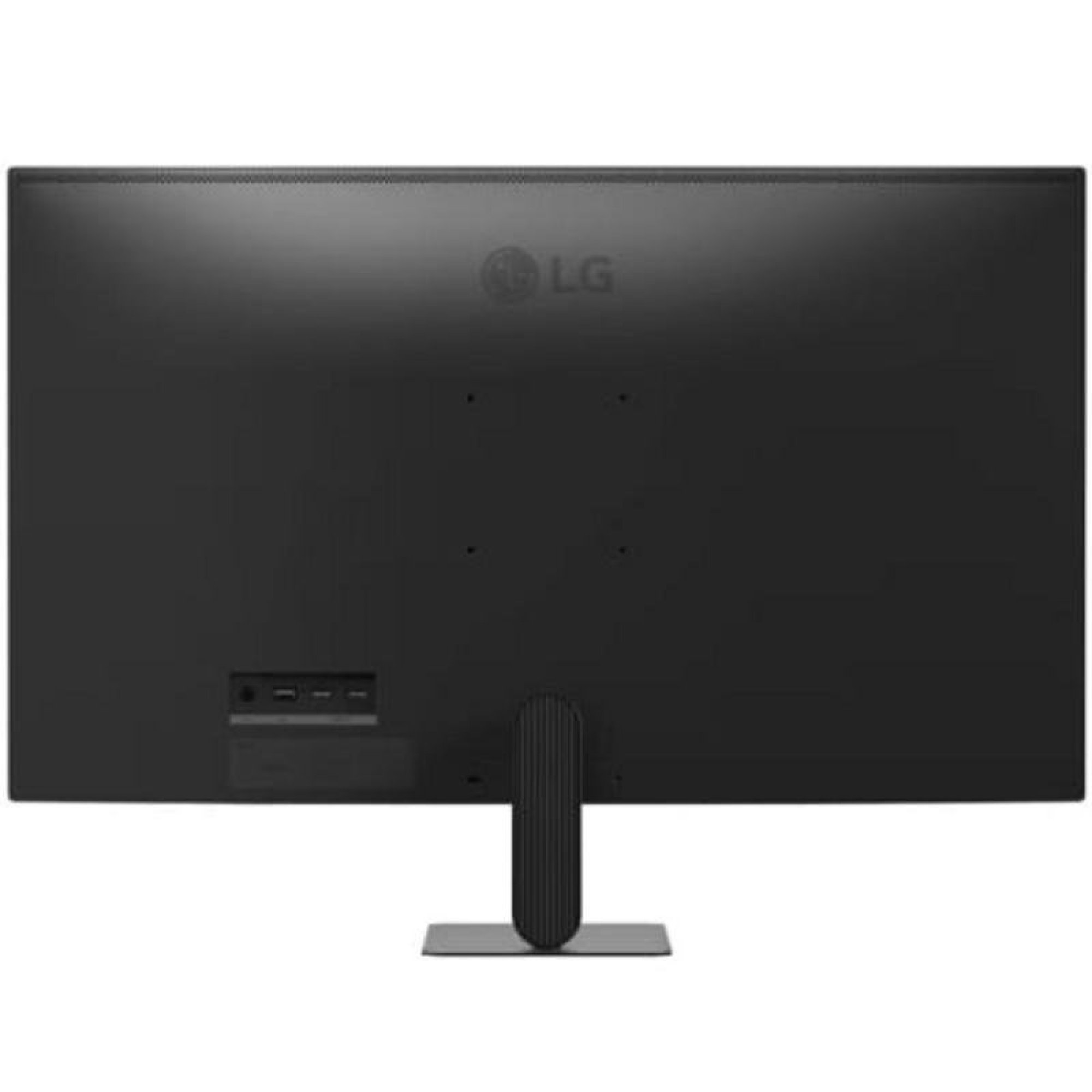 Il retro di un monitor LG nero con supporto e porte, su sfondo bianco.
