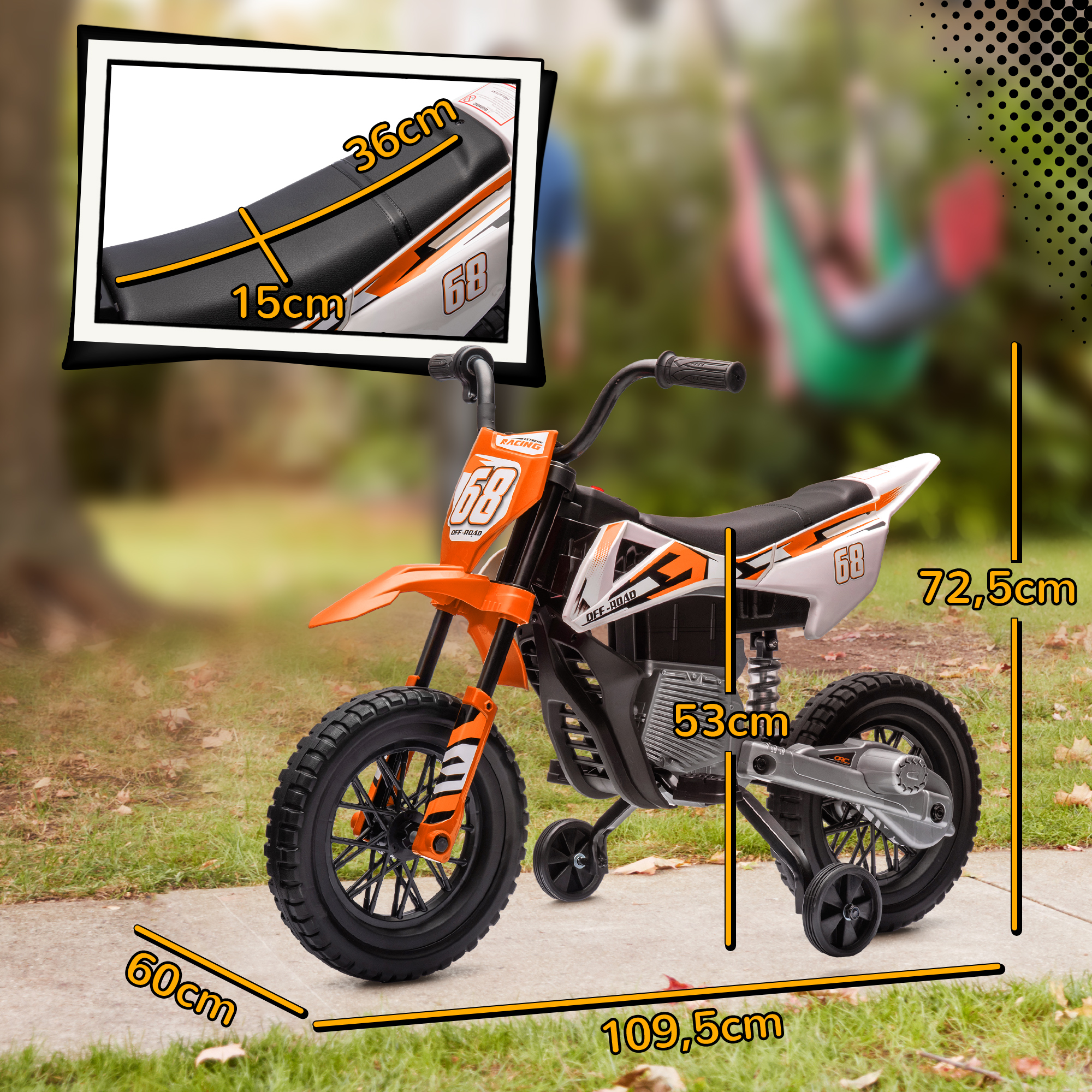 Una moto eléctrica infantil naranja y blanca con medidas dimensionales en una acera.