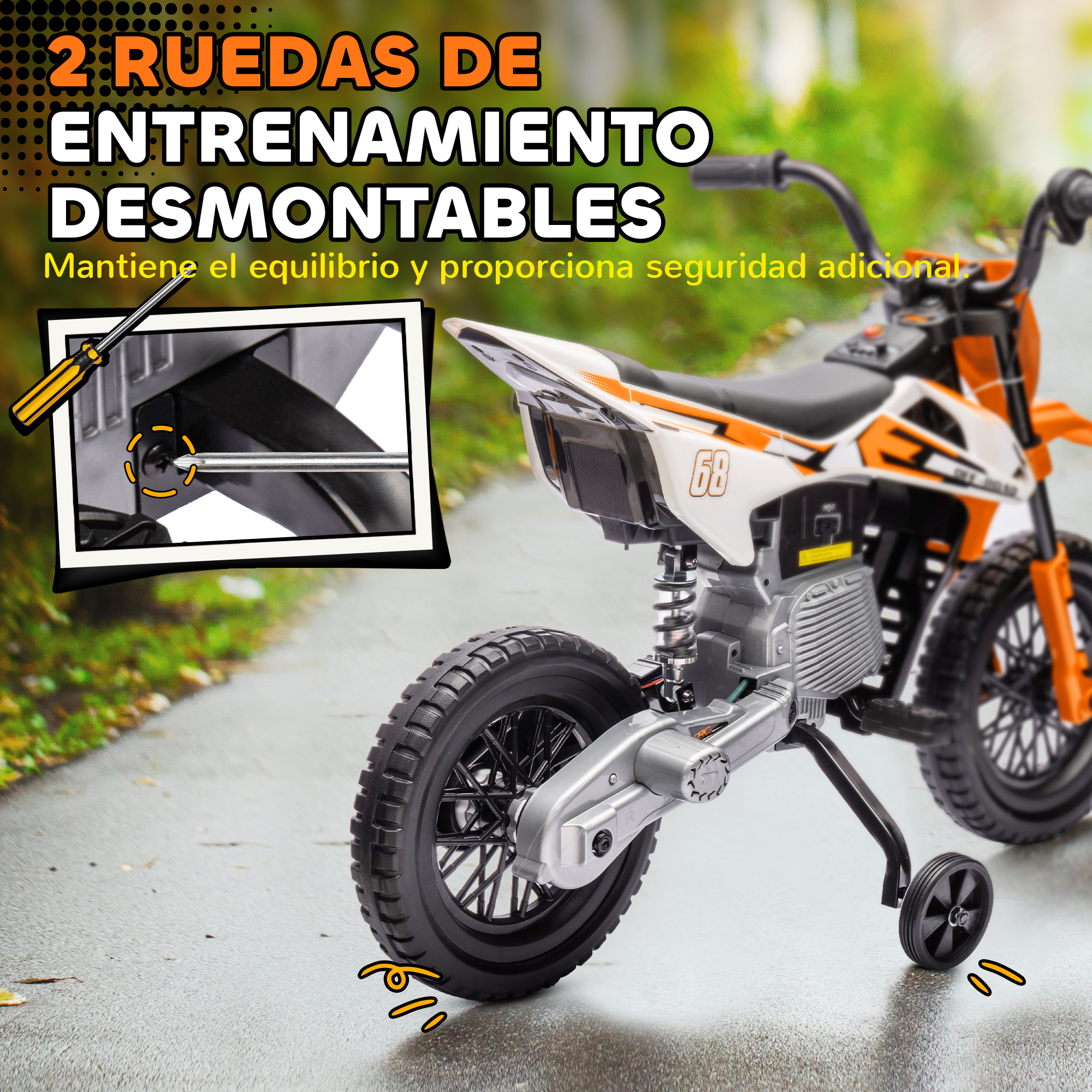 Una moto de juguete naranja y blanca con ruedas de entrenamiento en un pavimento con texto.