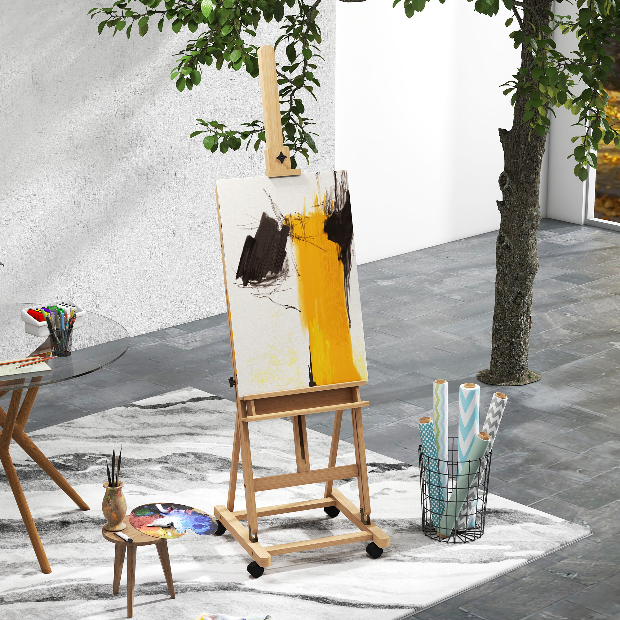 Un caballete con una pintura abstracta sobre una alfombra, con una paleta, pinceles y rollos de papel cerca.