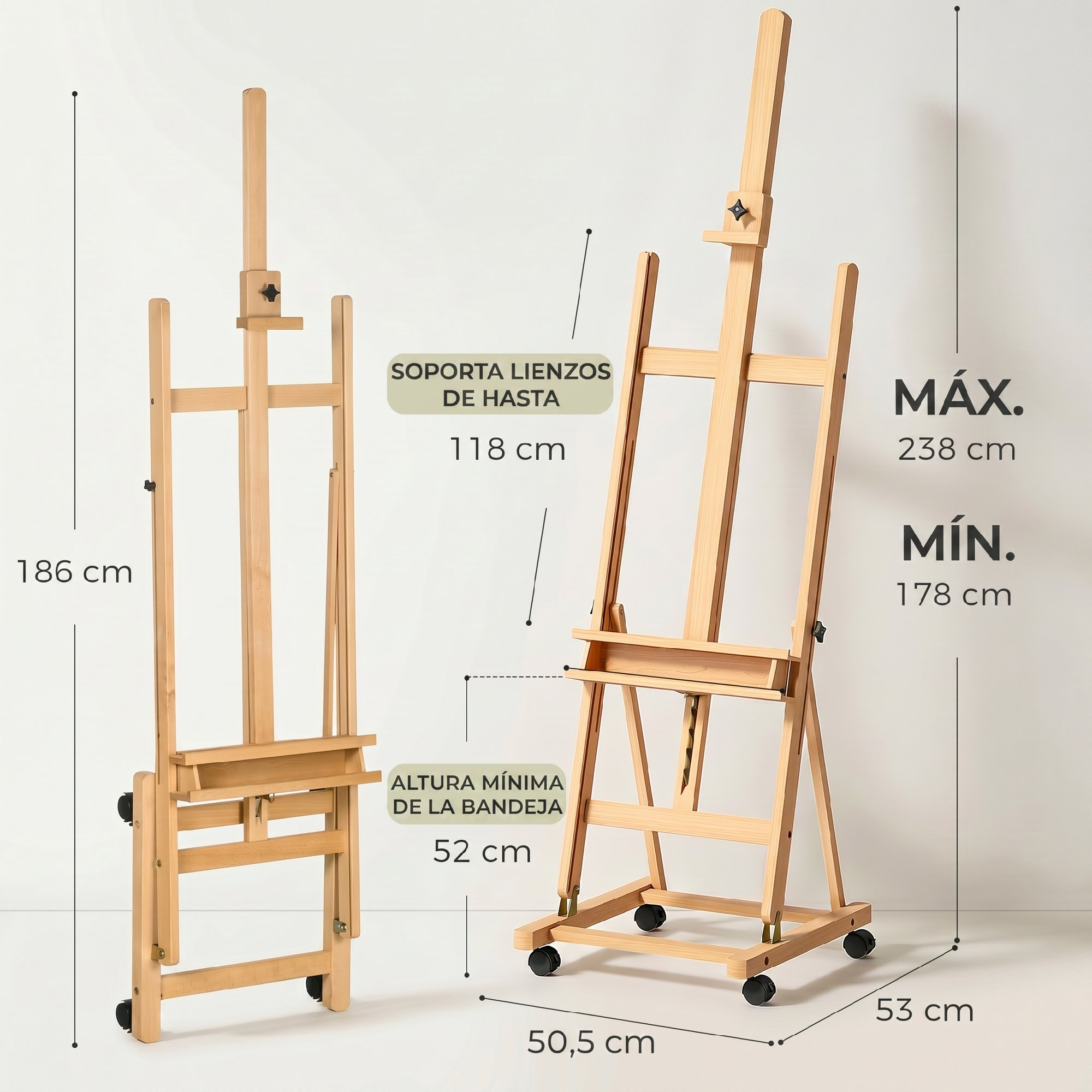 Dos caballetes de madera con medidas de dimensiones sobre un fondo neutro.