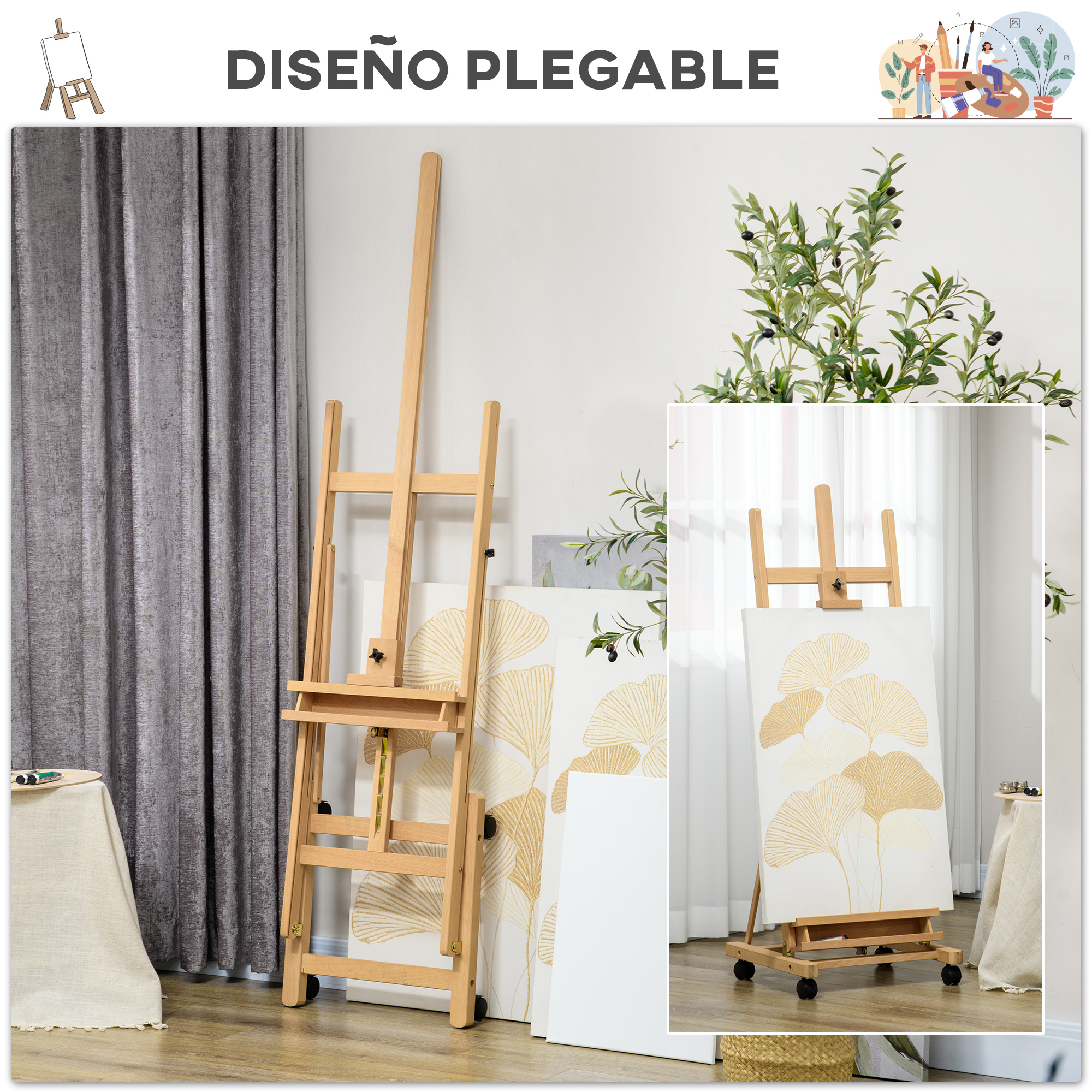 Un atril de madera con ruedas se encuentra junto a lienzos pintados y cortinas grises.