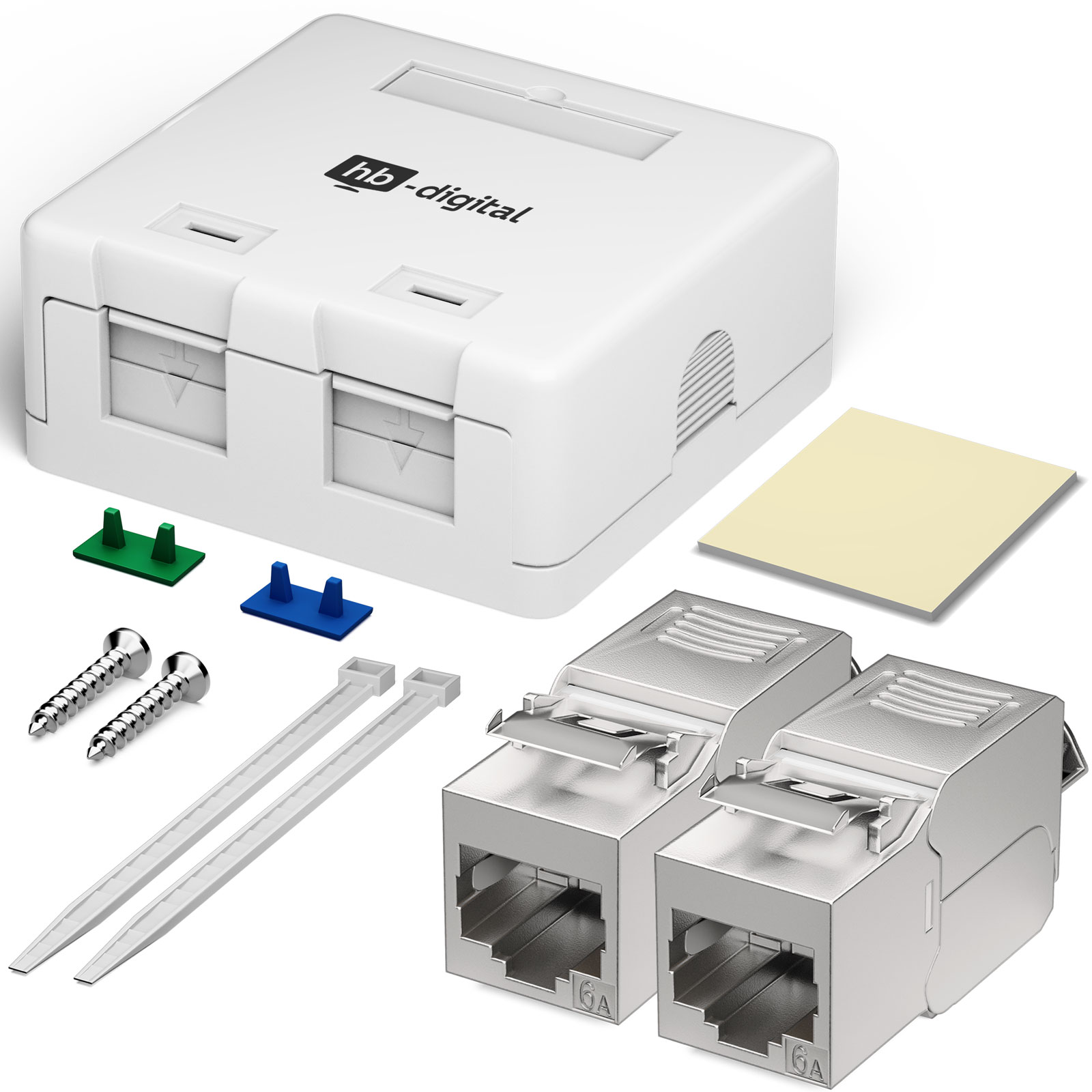 Weißes hb-digital Aufputzgehäuse mit zwei Modulen, Schrauben, Kabelbindern und Klebepad.