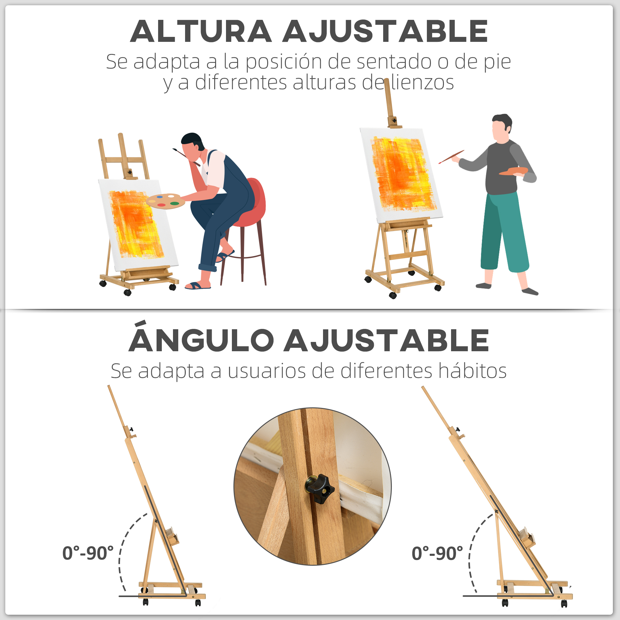 Infografía que muestra un caballete de madera ajustable para artistas sentados y de pie con ángulo variable.
