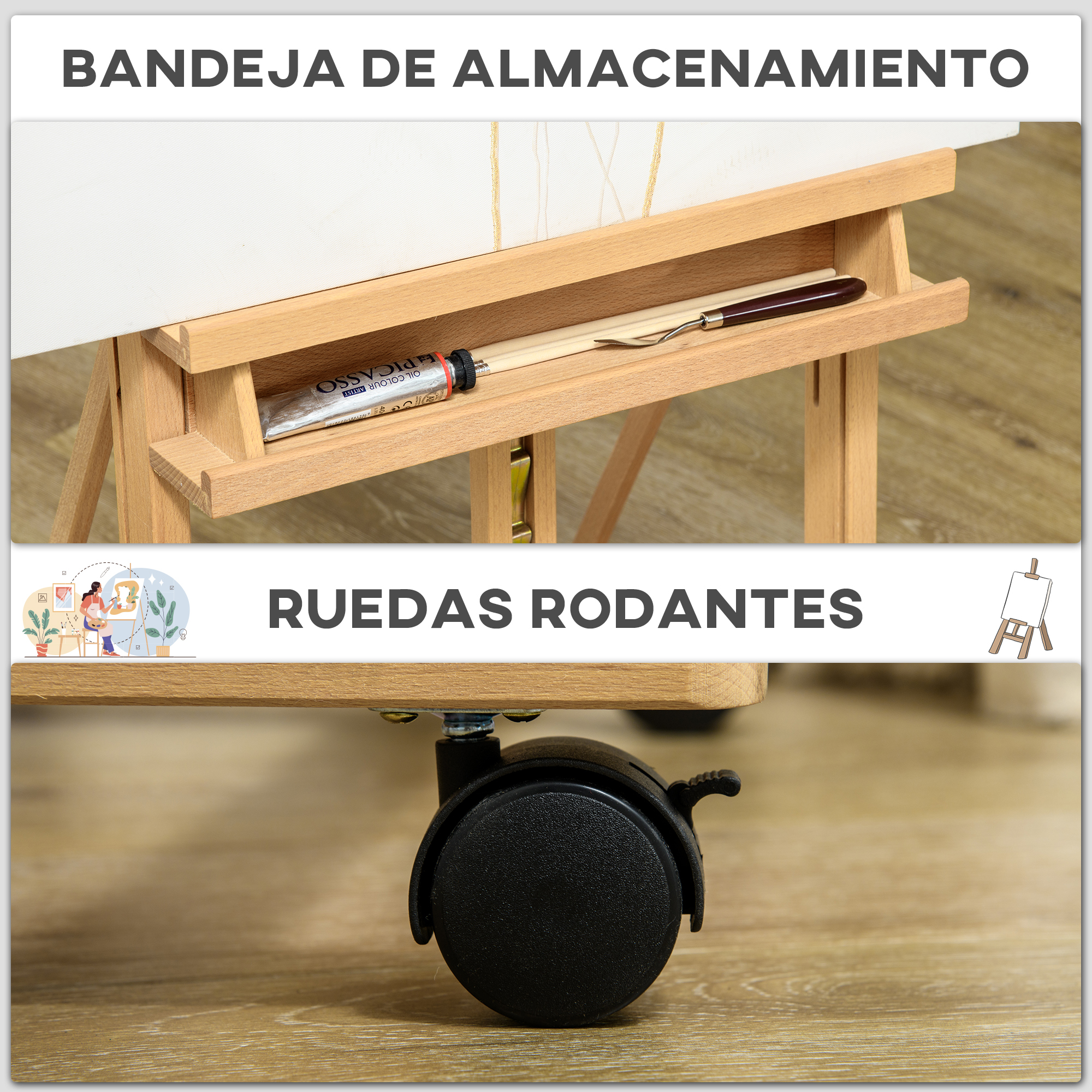 Caballete de madera con bandeja portaobjetos y rueda con freno en la base.