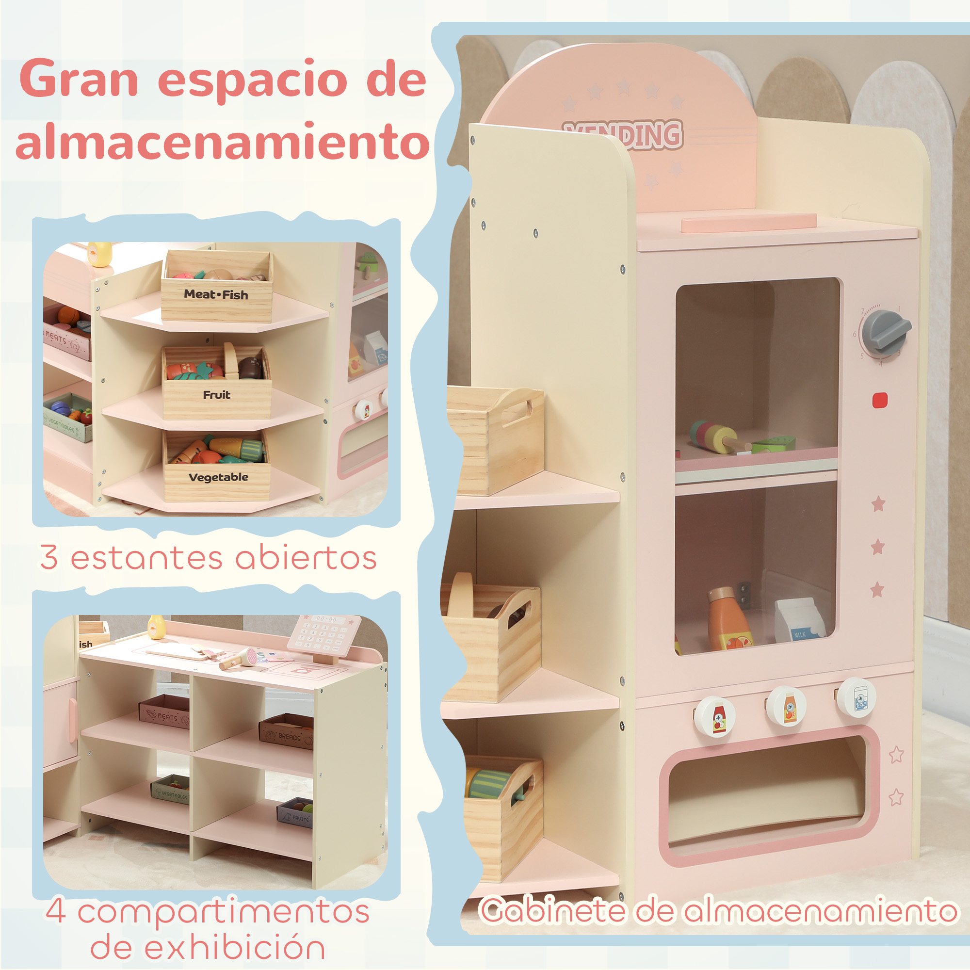 Máquina expendedora de juguete de madera rosa y blanca con estantes y cajas de madera con comida.
