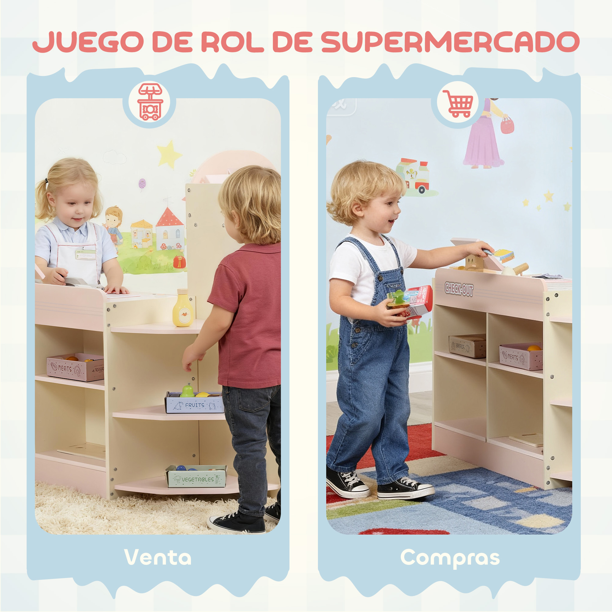 Dos niños jugando a rol de supermercado con juguetes de madera.