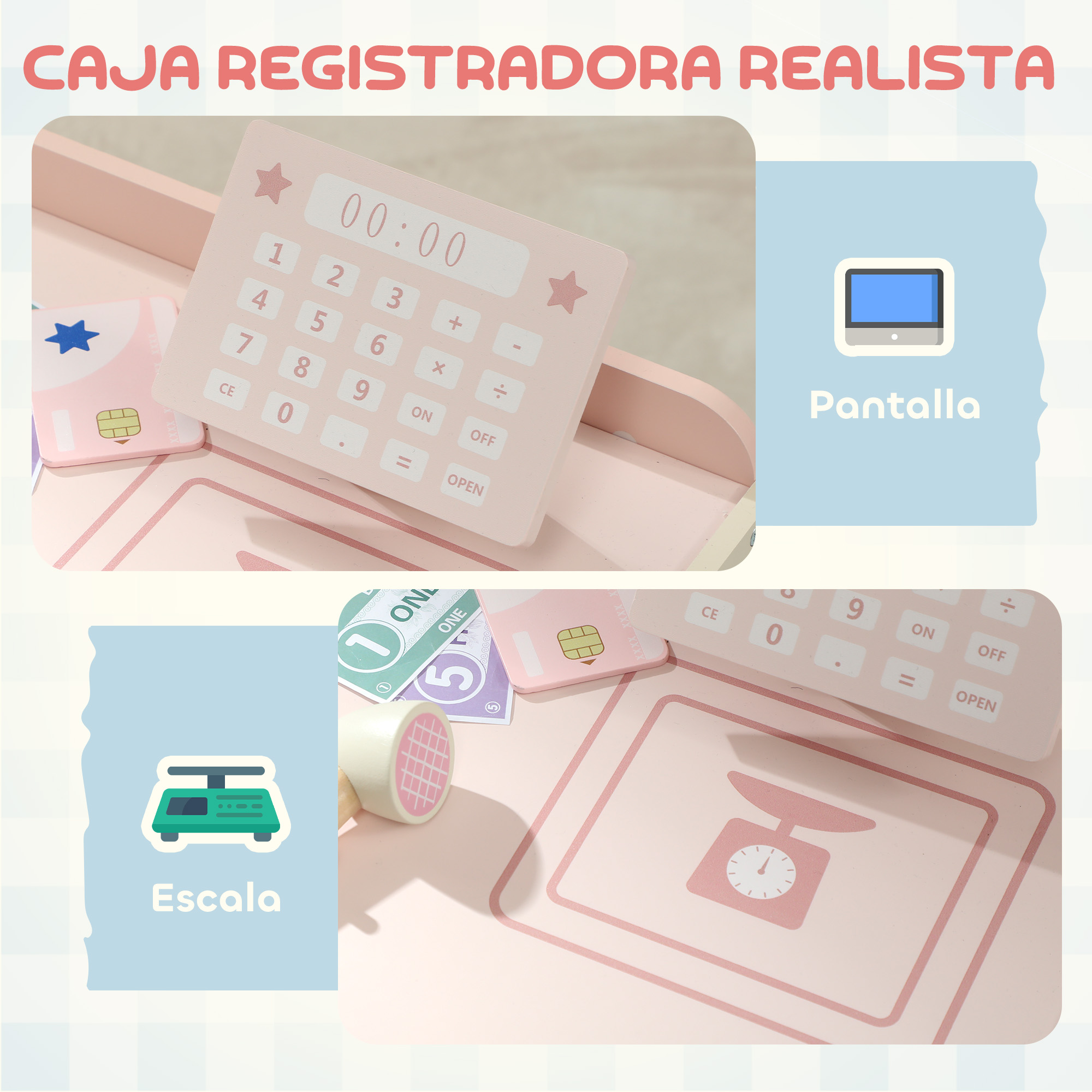 Caja registradora de juguete rosa con teclado, icono de pantalla e ilustración de balanza.