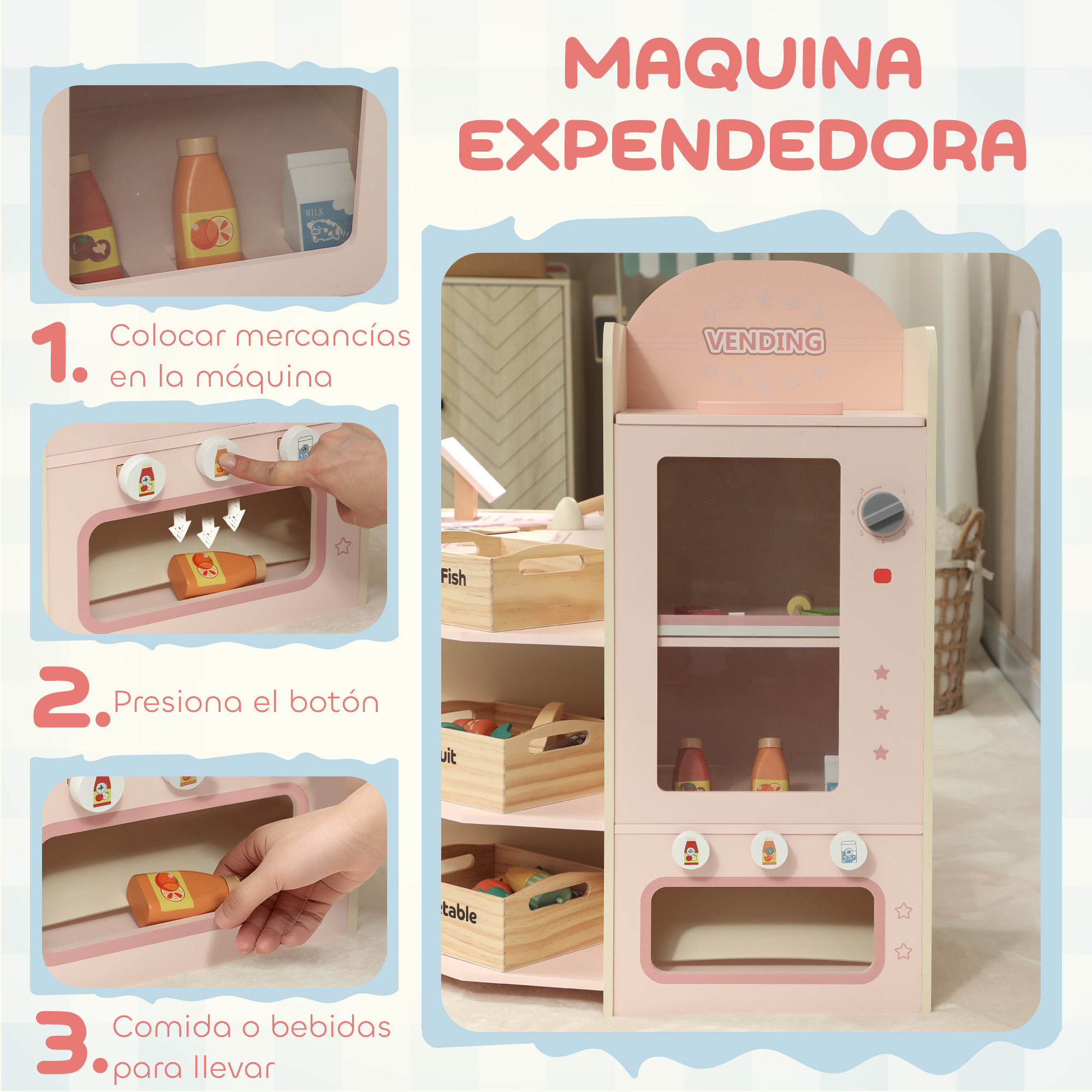 Una máquina expendedora de juguete de madera rosa que muestra tres pasos de operación con pequeñas botellas.