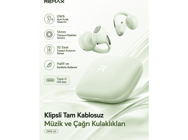 REMAX AI Enc Gürültü Engellemeli Bluetooth 6.0 Kulak Klipsi Ows-26 Kablosuz Kulak İçi Kulaklık Yeşil