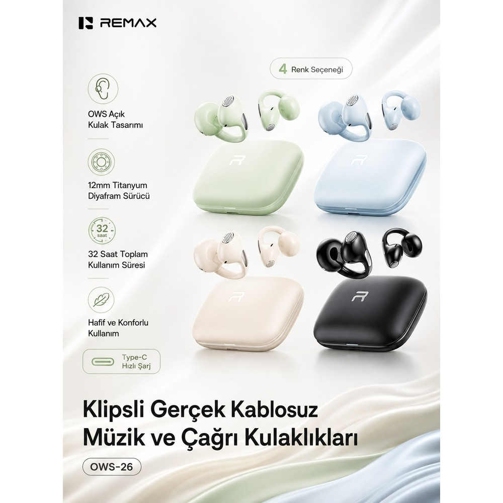 Dört renkte Remax OWS-26 kulaklık ve 32 saat pil, Type-C gibi özellikleri gösteren reklam afişi.