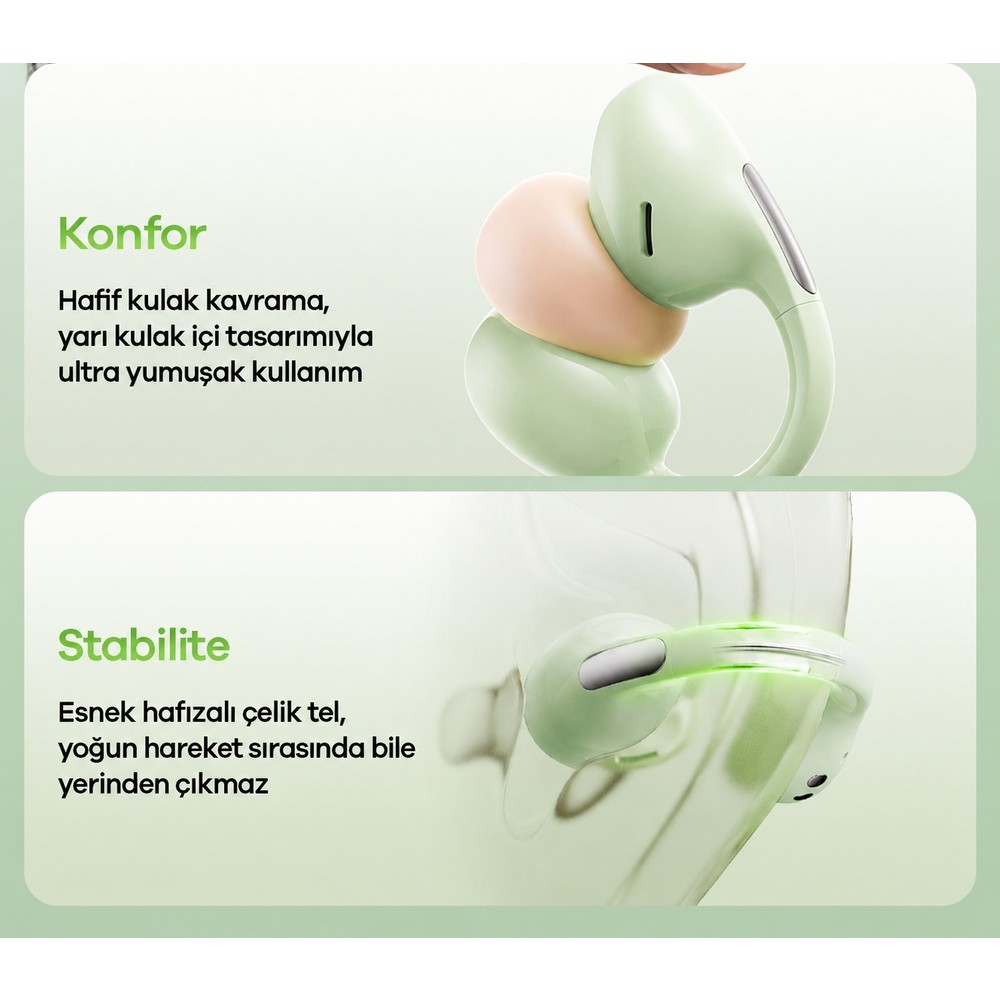 Ergonomik tasarımlı yeşil kablosuz kulaklıklar ve iki bölünmüş ekranda Türkçe metin.