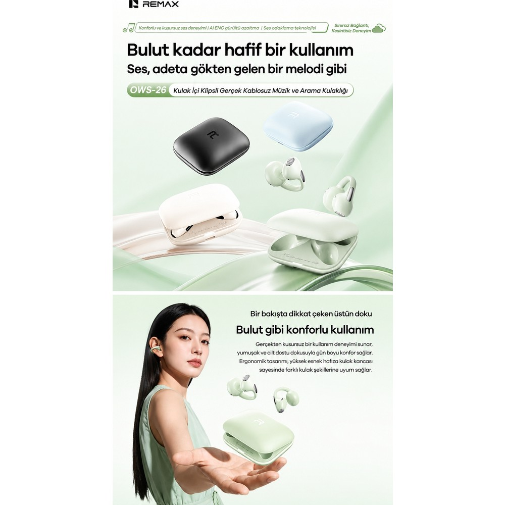 Farklı şarj kutuları ve kulaklıklı bir kadınla OWS-26 kablosuz kulaklıkların reklamı.