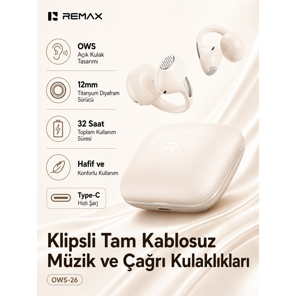 İpeksi arka planda şarj kutusu ve özellik simgeleri olan bej kablosuz klipsli kulaklık.