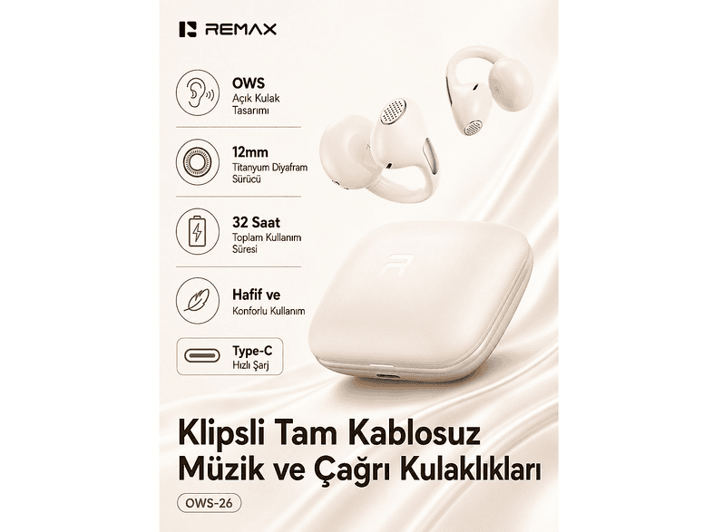 REMAX AI Enc Gürültü Engellemeli Bluetooth 6.0 Kulak Klipsi Ows-26 Kablosuz Kulak İçi Kulaklık Bej