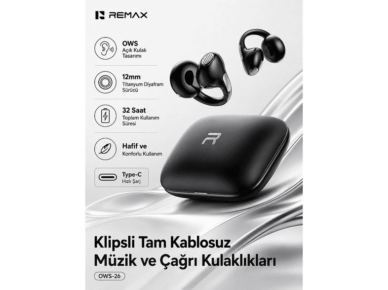 REMAX AI Enc Gürültü Engellemeli Bluetooth 6.0 Kulak Klipsi Ows-26 Kablosuz Kulak İçi Kulaklık Siyah