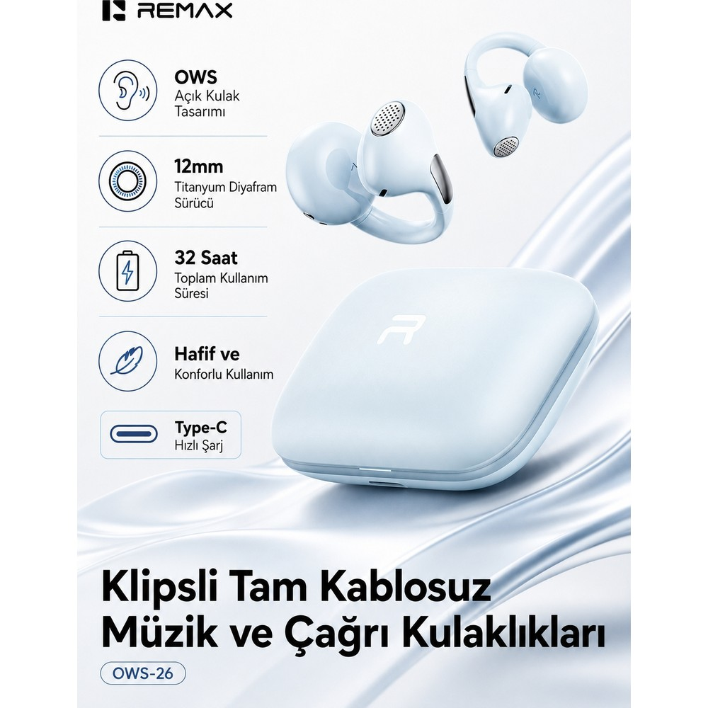 Beyaz arka planda şarj kutulu ve teknik özellikli Remax kulaklık tanıtım görseli.