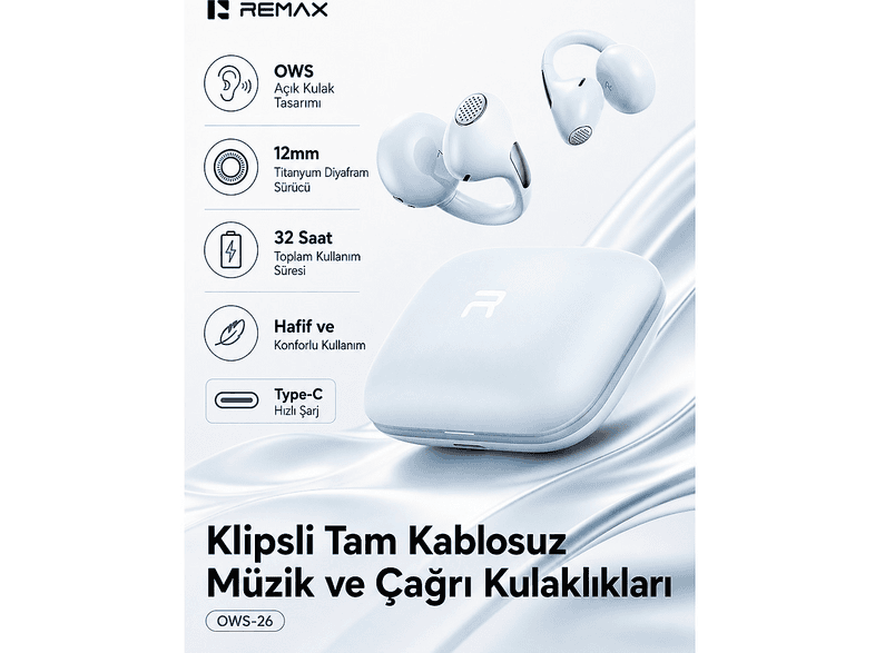 REMAX AI Enc Gürültü Engellemeli Bluetooth 6.0 Kulak Klipsi Ows-26 Kablosuz Kulak İçi Kulaklık Mavi