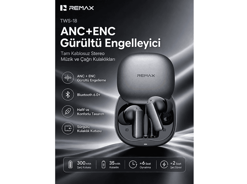 REMAX Anc+Enc Aktif Gürültü Engellemeli Bluetooth 6.0 Tws-18 Kablosuz Kulak İçi Kulaklık Siyah