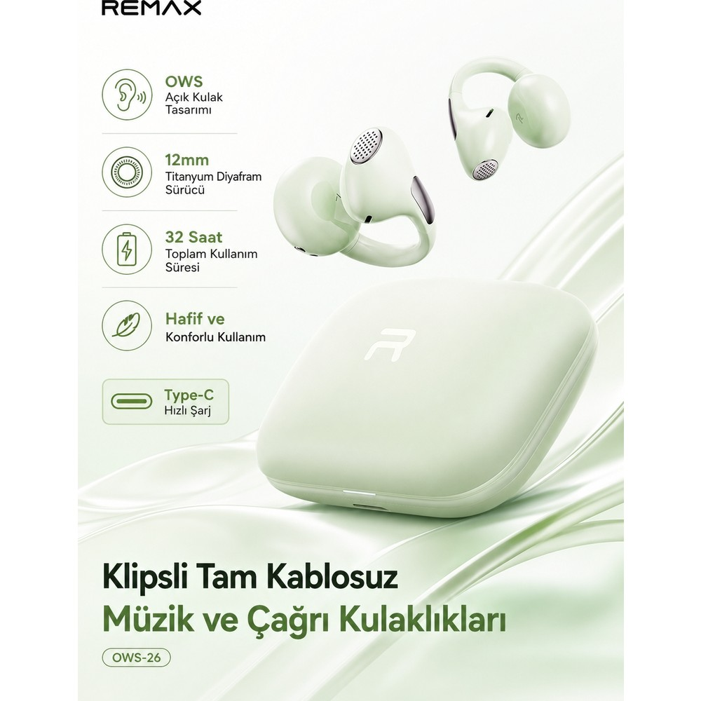 Dalgalı arka planda şarj kutusu ve özellik simgeleri bulunan açık yeşil kablosuz klipsli kulaklık reklamı.