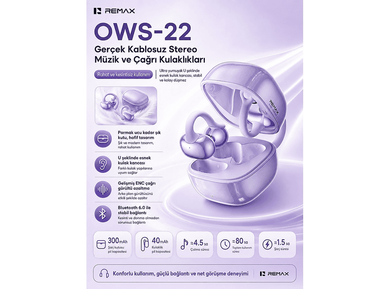REMAX Açık Kulak (Ows) Bluetooth 6.0 Stereo Kulak Klipsi Ows-22 Kablosuz Kulak İçi Kulaklık Mor