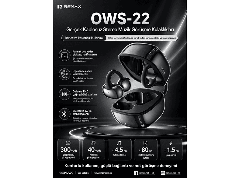 REMAX OWS-22 Açık Kulak (Ows) Stereo Kulak Klipsi Kablosuz Bluetooth Kulak İçi Kulaklık Siyah