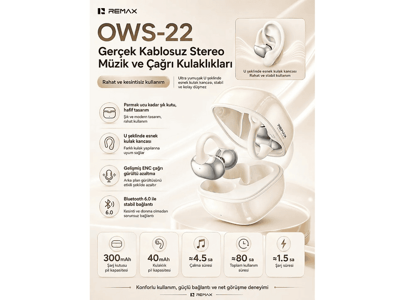 REMAX OWS-22 Açık Kulak (Ows) Stereo Kulak Klipsi Kablosuz Bluetooth Kulak İçi Kulaklık Beyaz