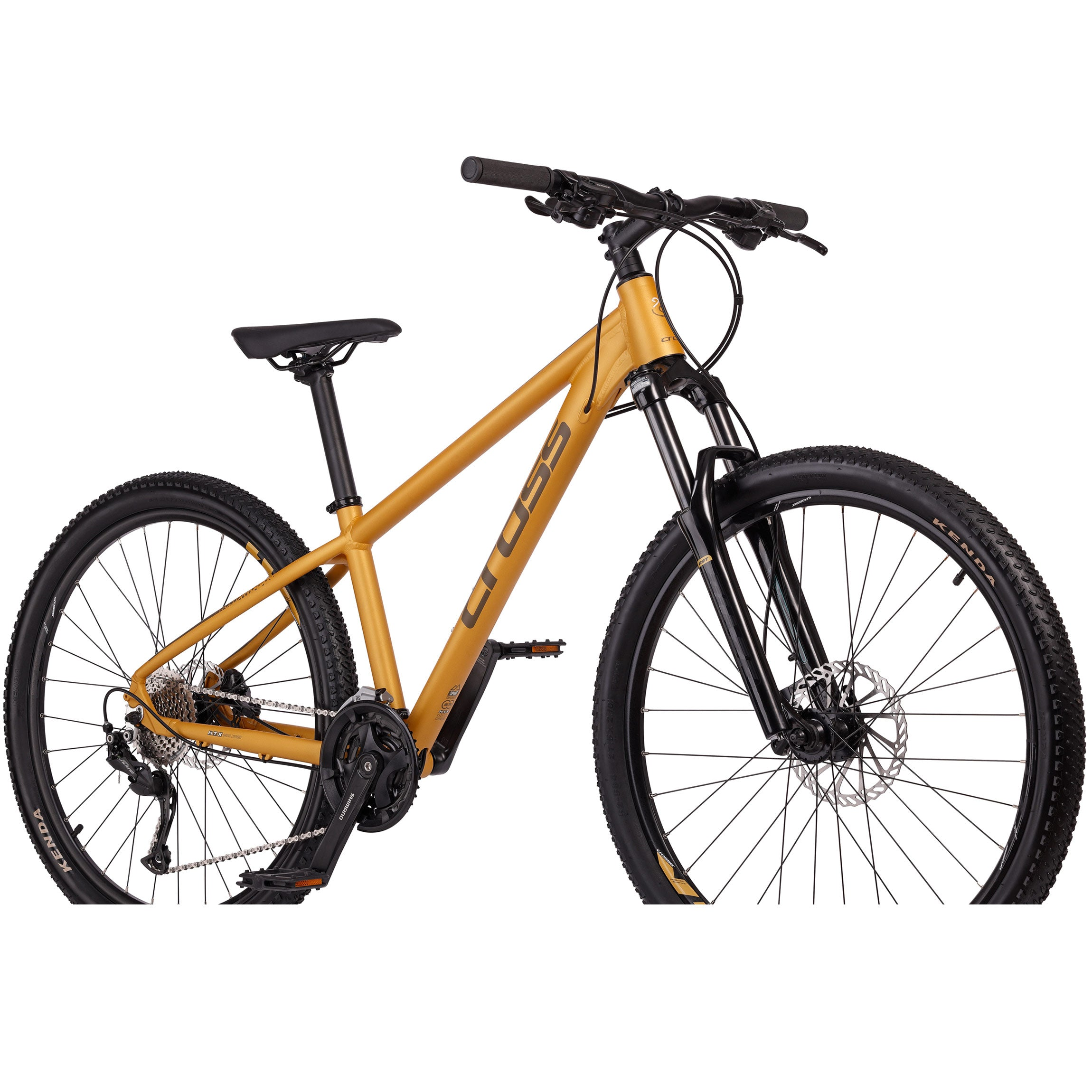 Ein gelbes Cross-Mountainbike mit schwarzem Sattel, Gabel und Kenda-Reifen vor weißem Hintergrund.