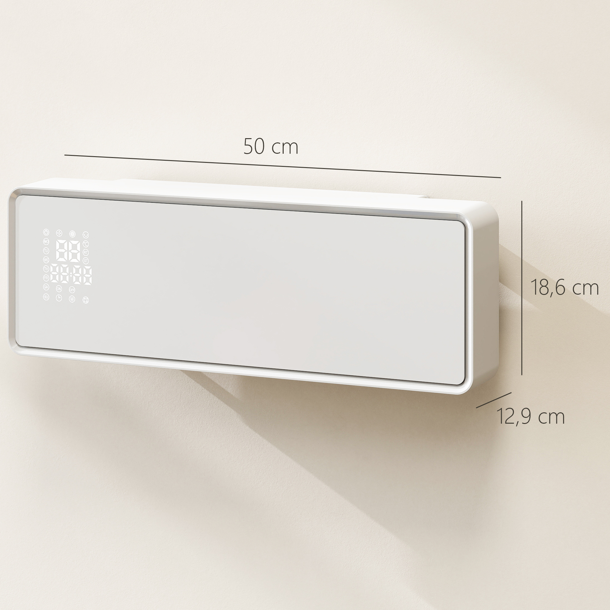 Calefactor de pared blanco con pantalla digital y dimensiones de 50 cm de ancho, 18.6 cm de alto y 12.9 cm de profundidad.