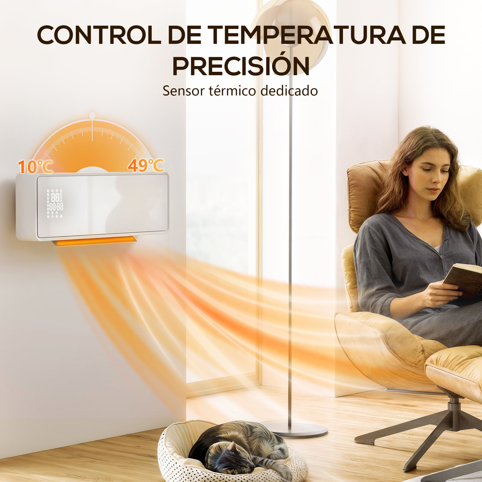 Un calefactor de pared irradia calor hacia una mujer leyendo y un gato durmiendo.