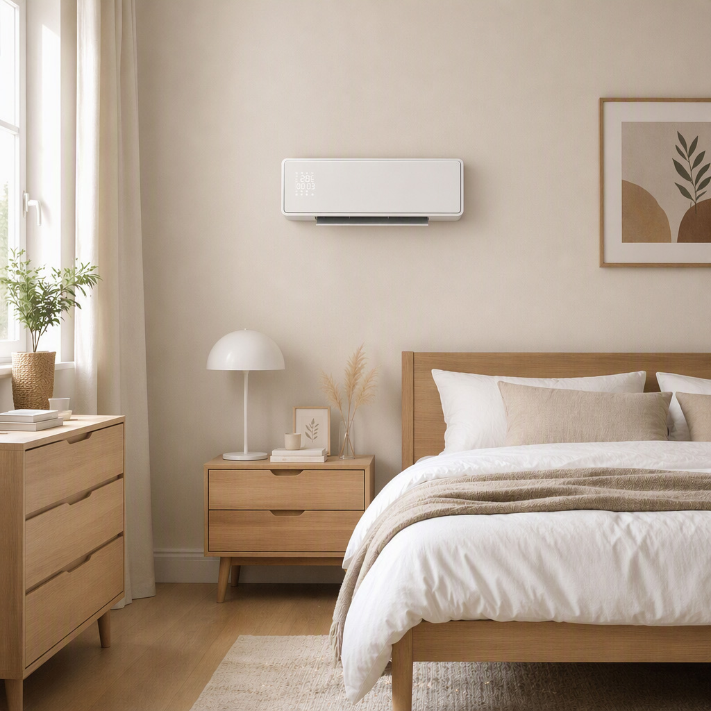 Un dormitorio moderno con muebles de madera, cama blanca, una lámpara en la mesita de noche y un aire acondicionado.