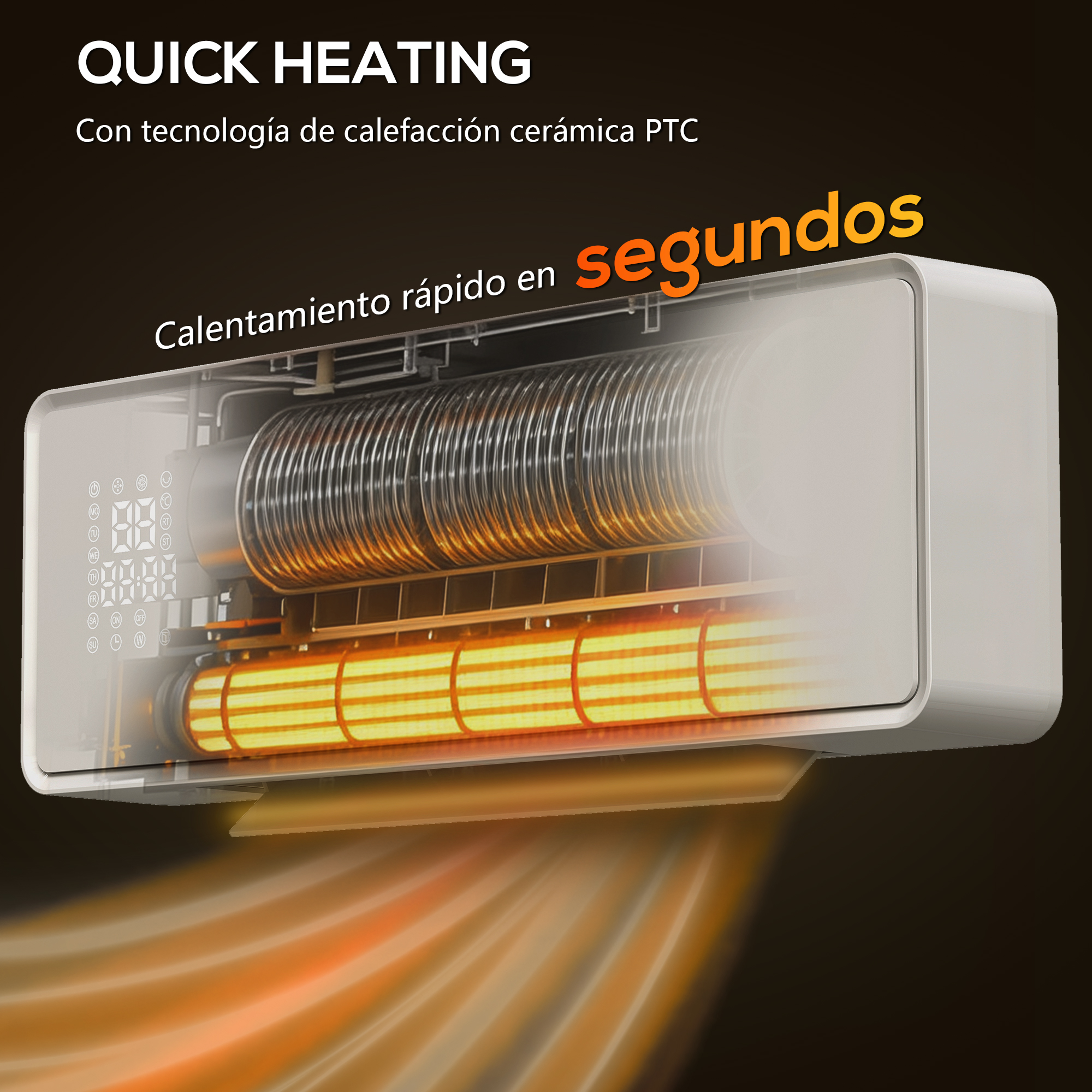 Un calefactor de pared blanco con elementos calefactores internos visibles y calor emitido.