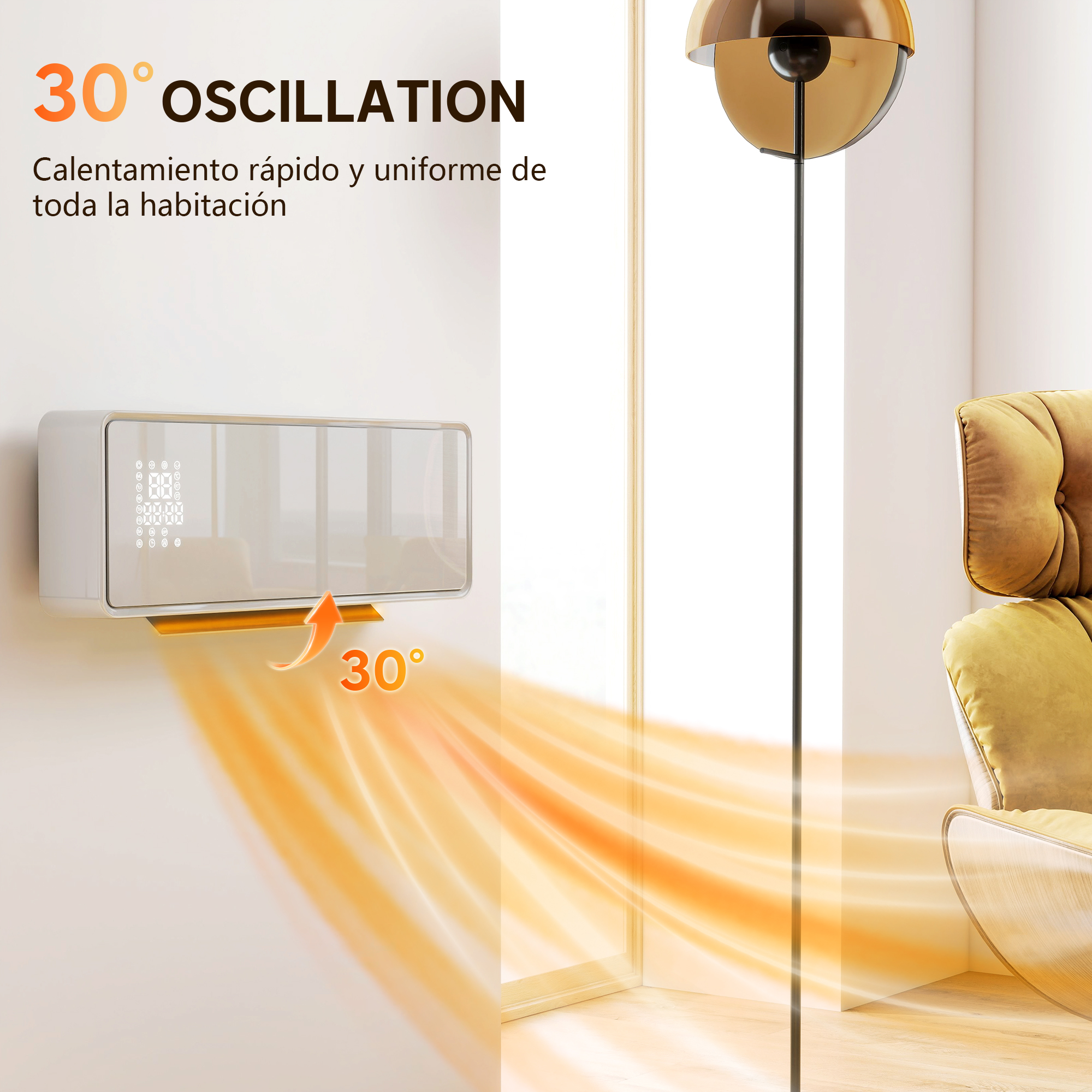 Calefactor de pared con oscilación de 30 grados y ondas de calor naranjas.