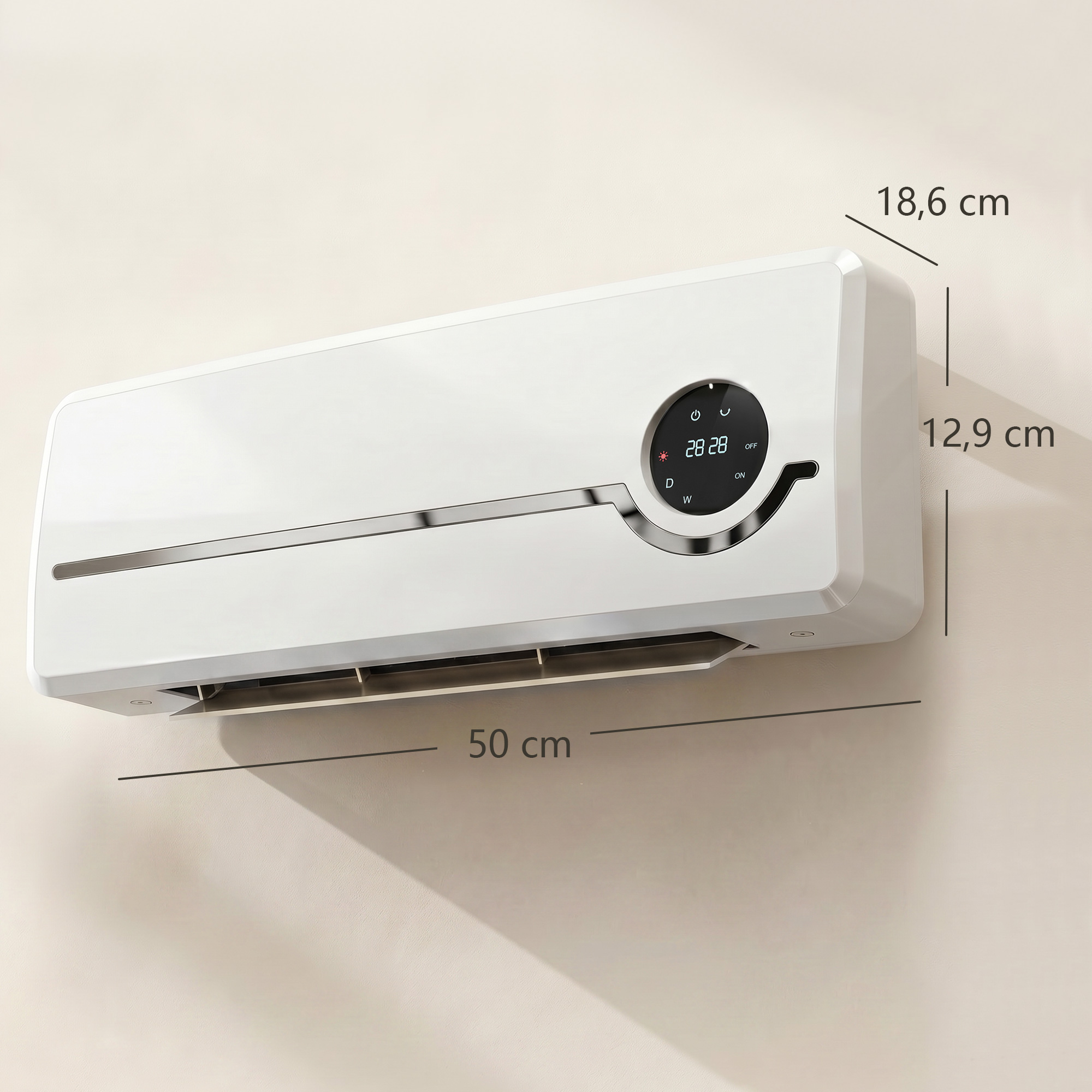 Un calefactor de pared blanco con dimensiones de 50 cm de ancho, 12,9 cm de alto y 18,6 cm de fondo, con pantalla digital.
